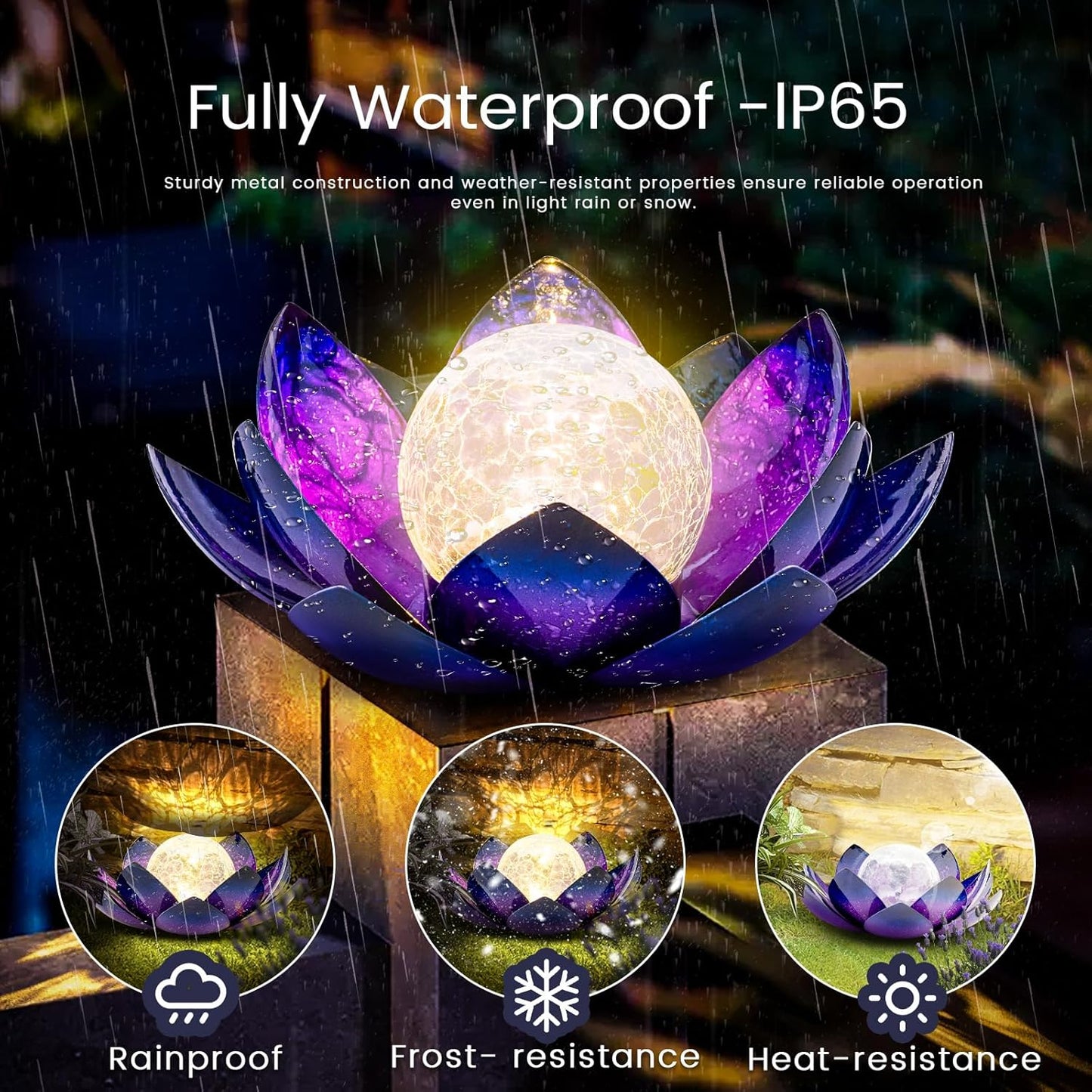 Huaxu Solar Lights for Outdoor Decor, Purple Lotus Flower Light, Waterproof LED Crackle Globe Glass Lamp for Garden, Patio, Yard, Porch, Pathway, Ground, Tabletop Christmas Gifts for Mom,Women