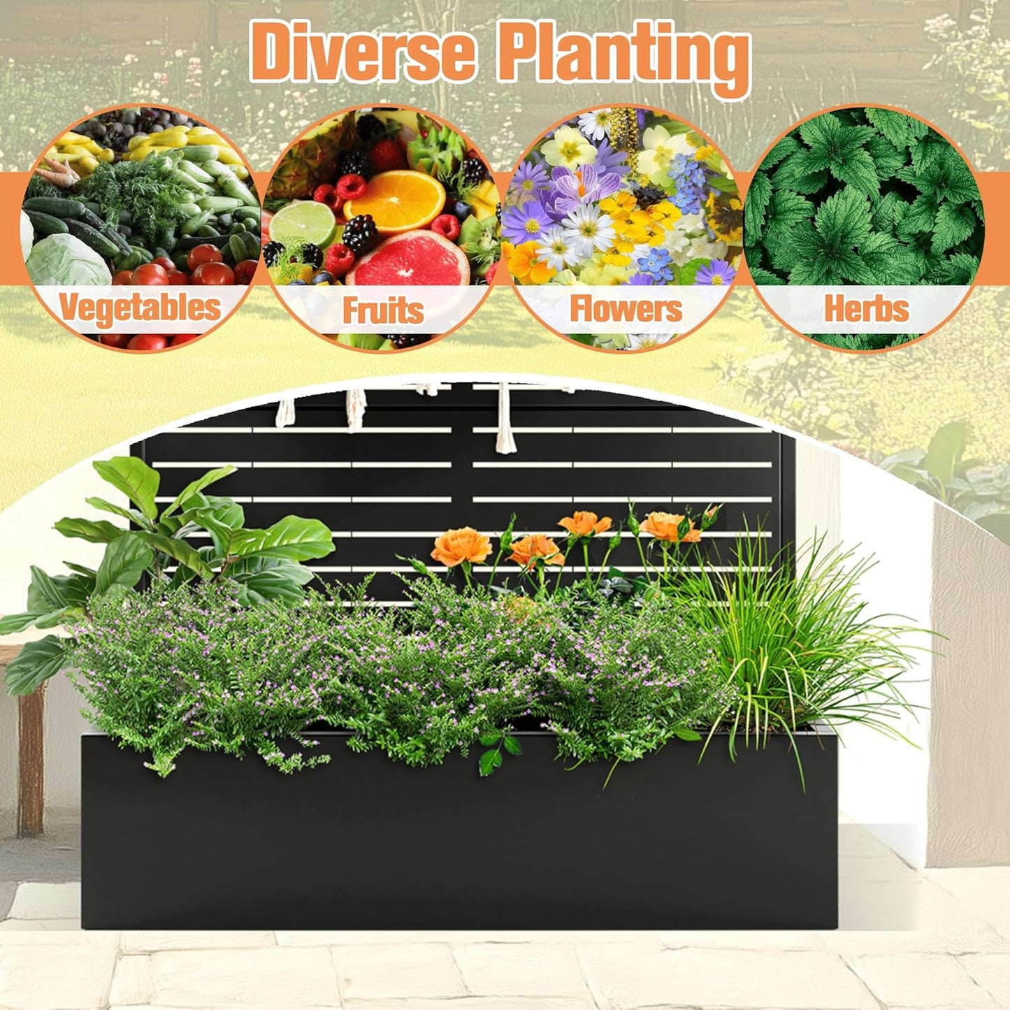 Metal Planter Box with Trellis Raised Garden Bed with Trellis 71"x47"x16", Trellis with Planter Box & Privacy Screen, Metal Planter Box for Climbing Plants, Vegetable, Vines(Black, Louvered)