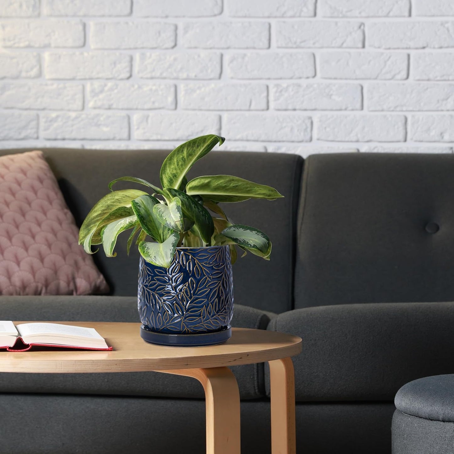 D'vine Dev 6 Inch Embossed Leaves Stoneware Planter Pot with Drainage Hole and Saucer, Midnight Blue, Set of 2, 27-F-X-3