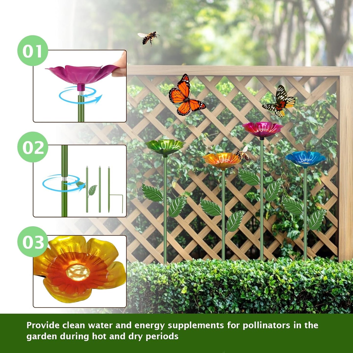 4 Pack Bee Watering Station,Colorful Metal Insect Bath Feeder for Garden, Butterfly Feeder and Bird Drinking with Flower Design, Outdoor Yard Decor (Red, Blue,Yellow,Green)