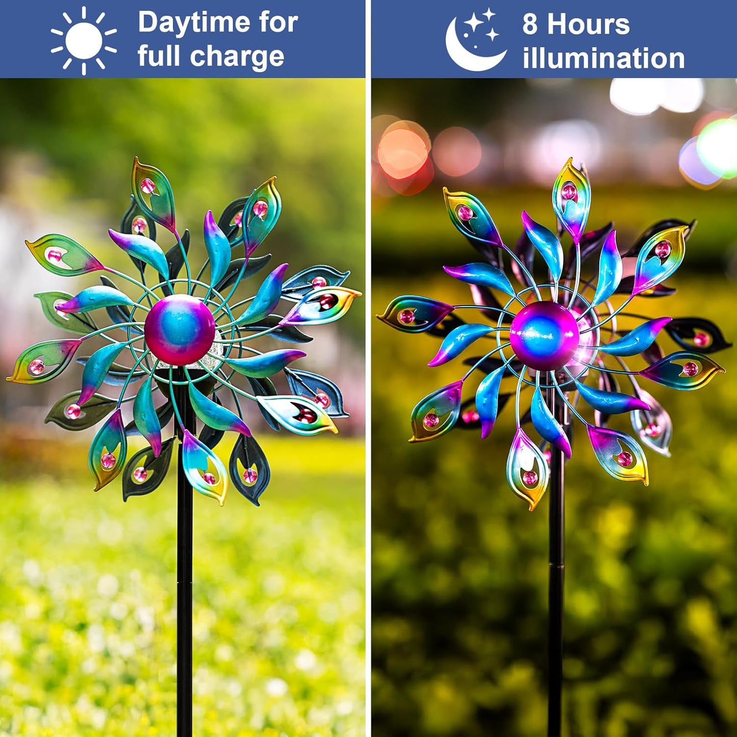 360°Peacock Solar Wind Spinner with Lights Blue Metal Garden Outdoor Decor Yard Lawn Art Decor for Patio Kinetic Windmills Unique Gifts for Friends and Family 51.9' H x 12.2'' Dia