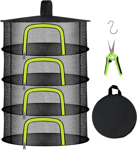 4 Layer Herb Drying Rack, Hanging Mesh Net, Foldable Plant Drying Rack With U-Shaped Zipper, Garden Trimming Shears and Hooks, For Drying Herbs Plants, Fruits, Seafood, Clothing(4 Layers-23.62'')