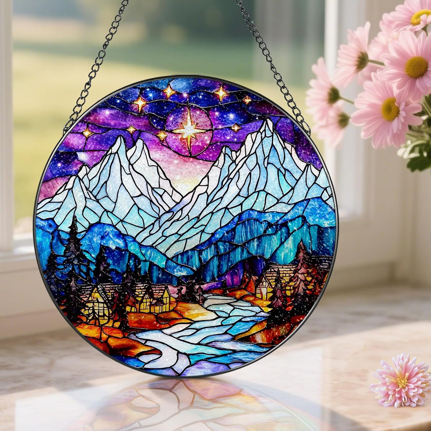 Stained Glass Window Hanging, Pauyadu 8 Inch Night Court Sun Catcher, Stained Glass Suncatcher Ornament, Suncatchers for Windows Hanging, Starlight Lover Gift, Gifts for Women, Friend, Lover