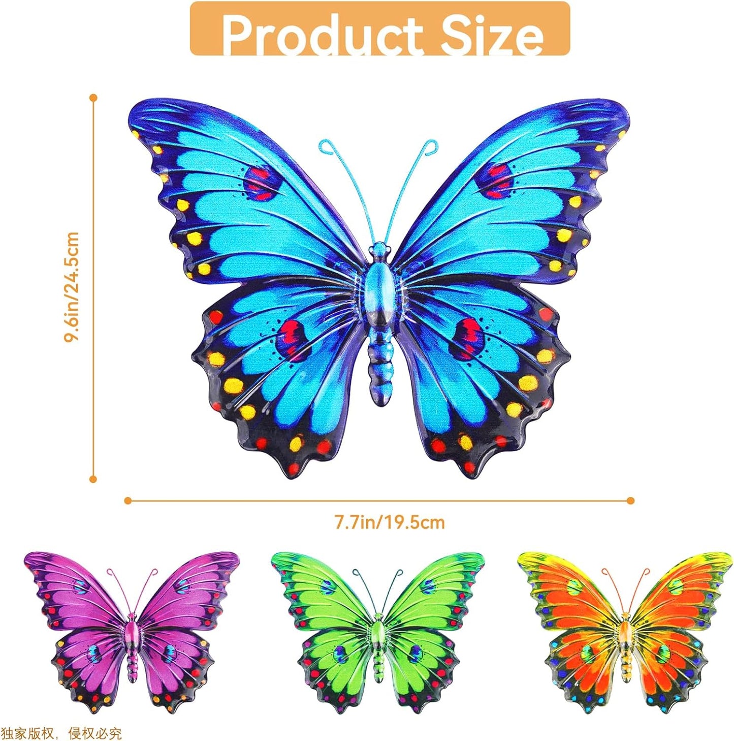 ULENDIS Metal Butterfly Wall Decor, 9.6" 3D Outdoor Fence Wall Art Decor, Hanging Decoration for Garden Backyard Living Room Balcony Patio Indoor, Gift for Mom Kids Family Friends(4 Pack)