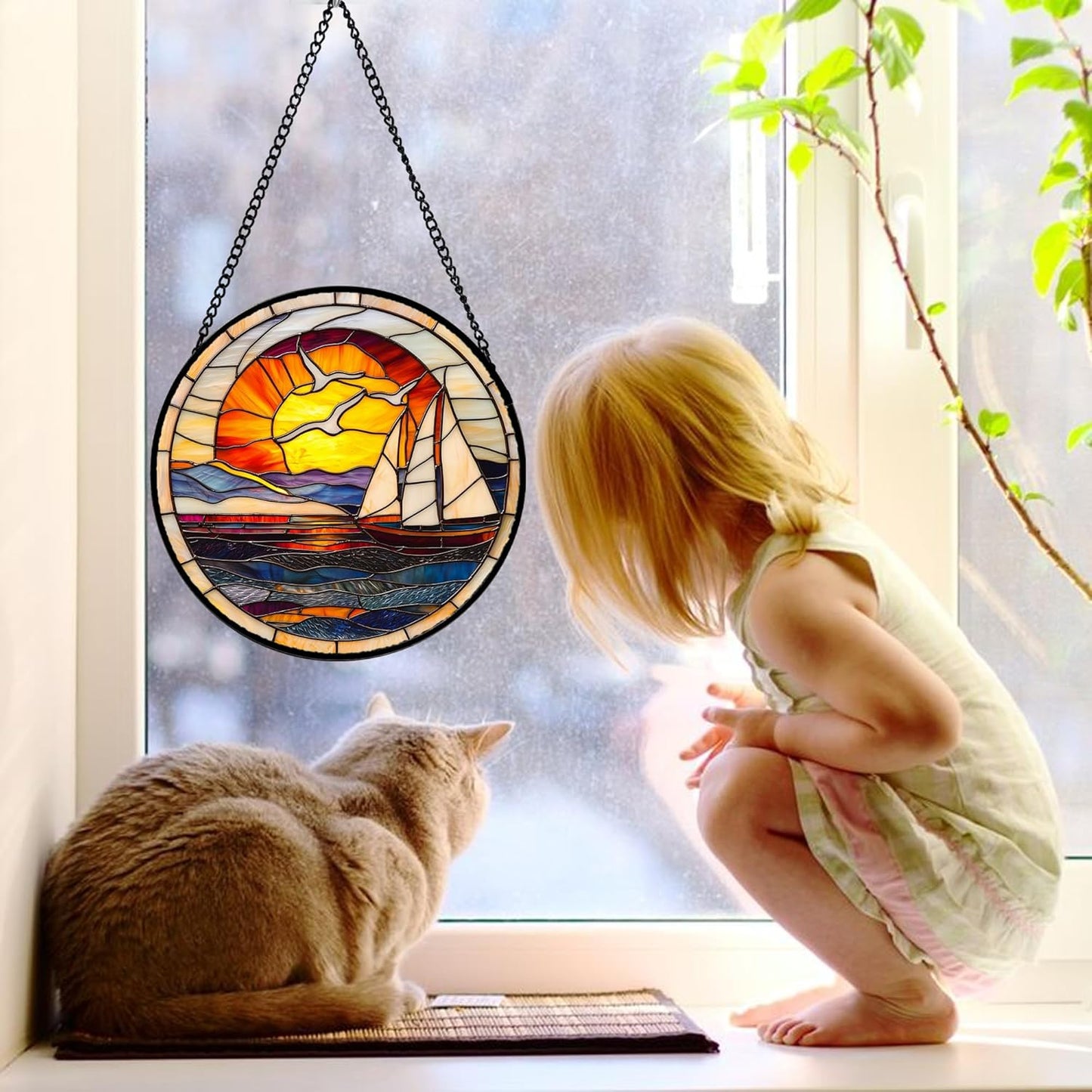 Stained Glass Window Hanging, Sun Ocean Sailboat Seagull Abstract Suncatcher Diamond Glass Panel Sun Catchers Decor for Birthday for Women, Men, Wife, Aunt, and Mom 11.8x11.8 in