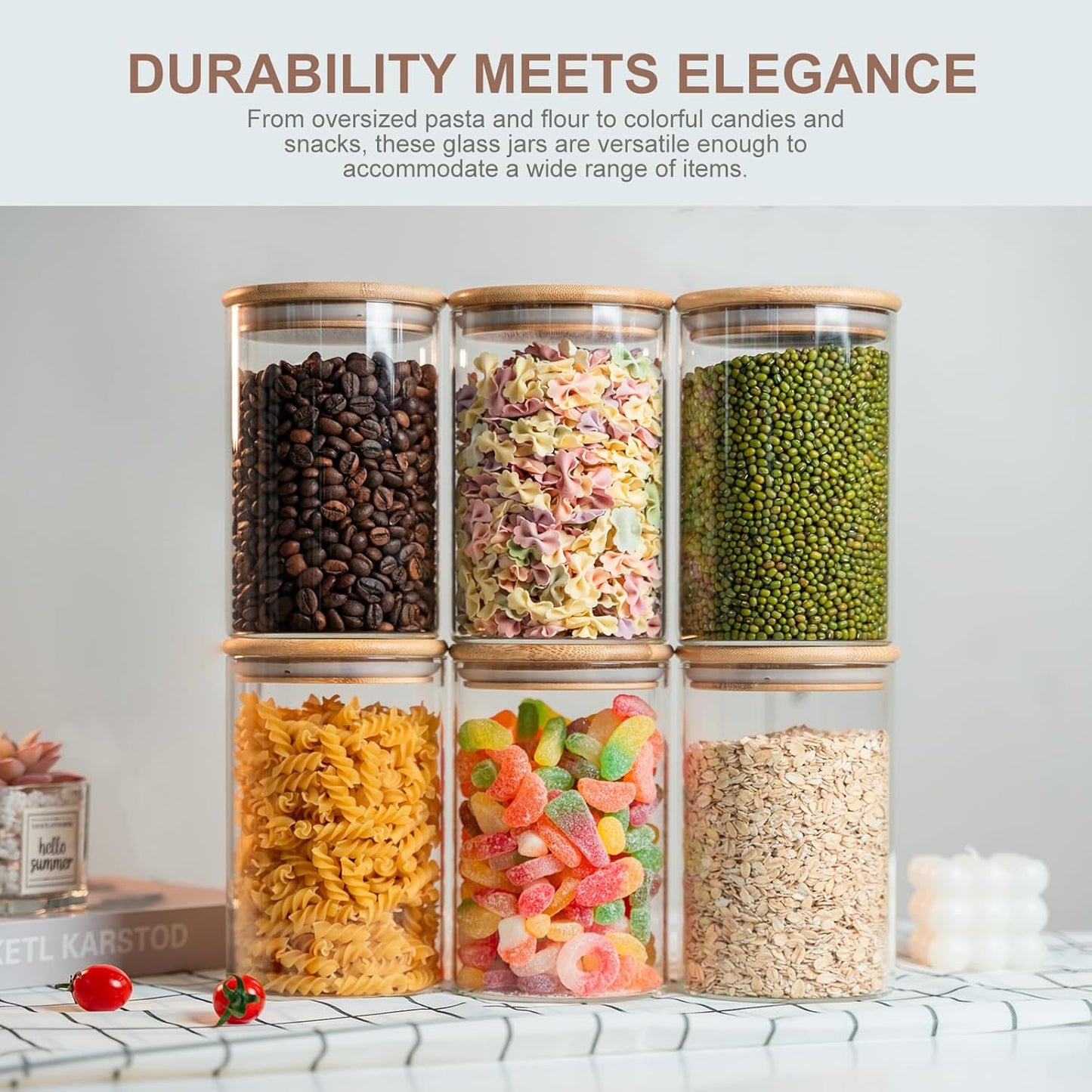 Glass Food Storage Jars Set of 8,26oz-Glass Storage Containers Clear Glass Food Canister with Bamboo Lid Airtight For Serving Tea, Coffee, Flour,Candy, Cookie, Spice(Round-80CMx150CM)