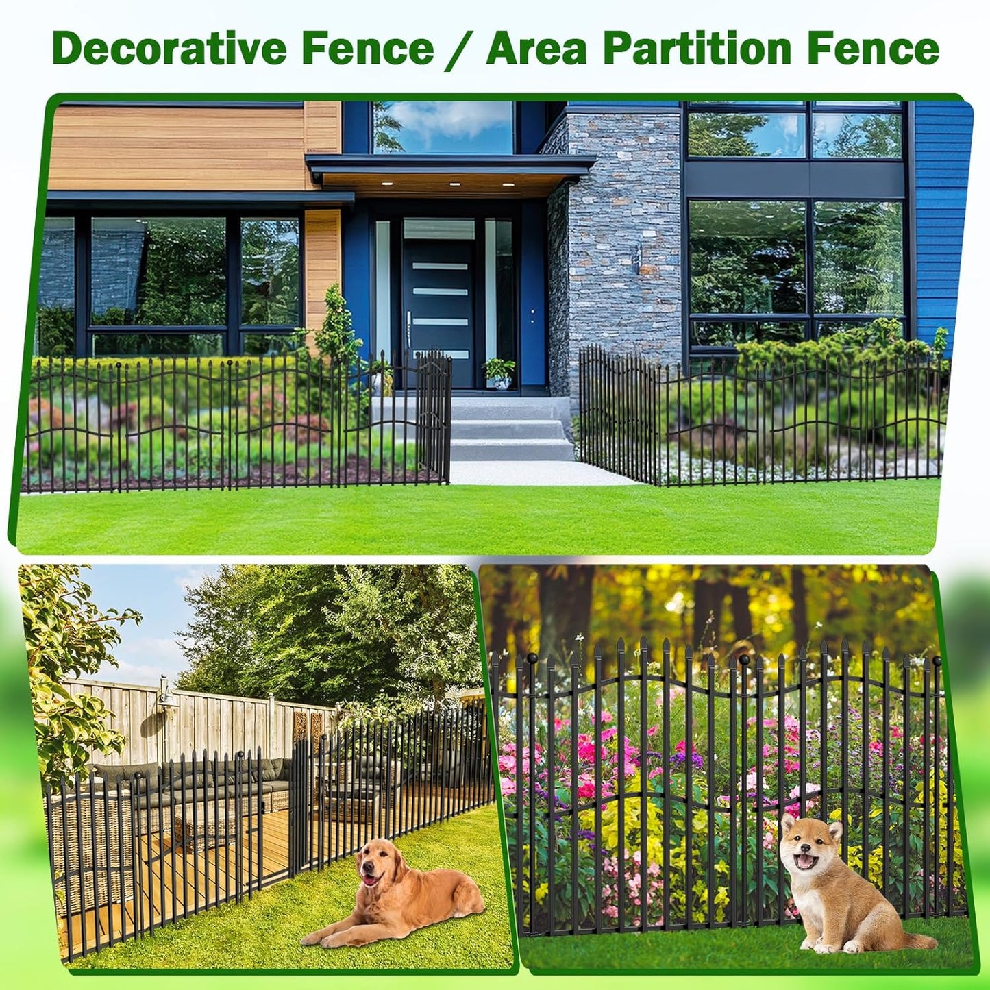 No Dig Garden Fence with Gate - 5 Panels 32in H x 11.25ft L, Sturdy Square Tube Rustproof Tall Animal Barrier for Dogs, Decorative Outdoor Fencing for Yard Gardens & Patios