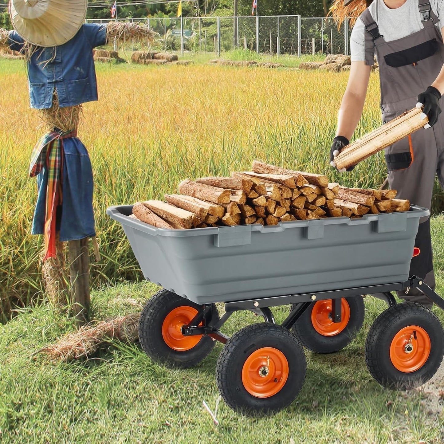 Garden Dump Cart, Poly Yard Dump Cart Wagon with 10-Inch Tires, 180° Rotating Handle, Heavy Duty Garden Carts and Wagons Heavy Duty