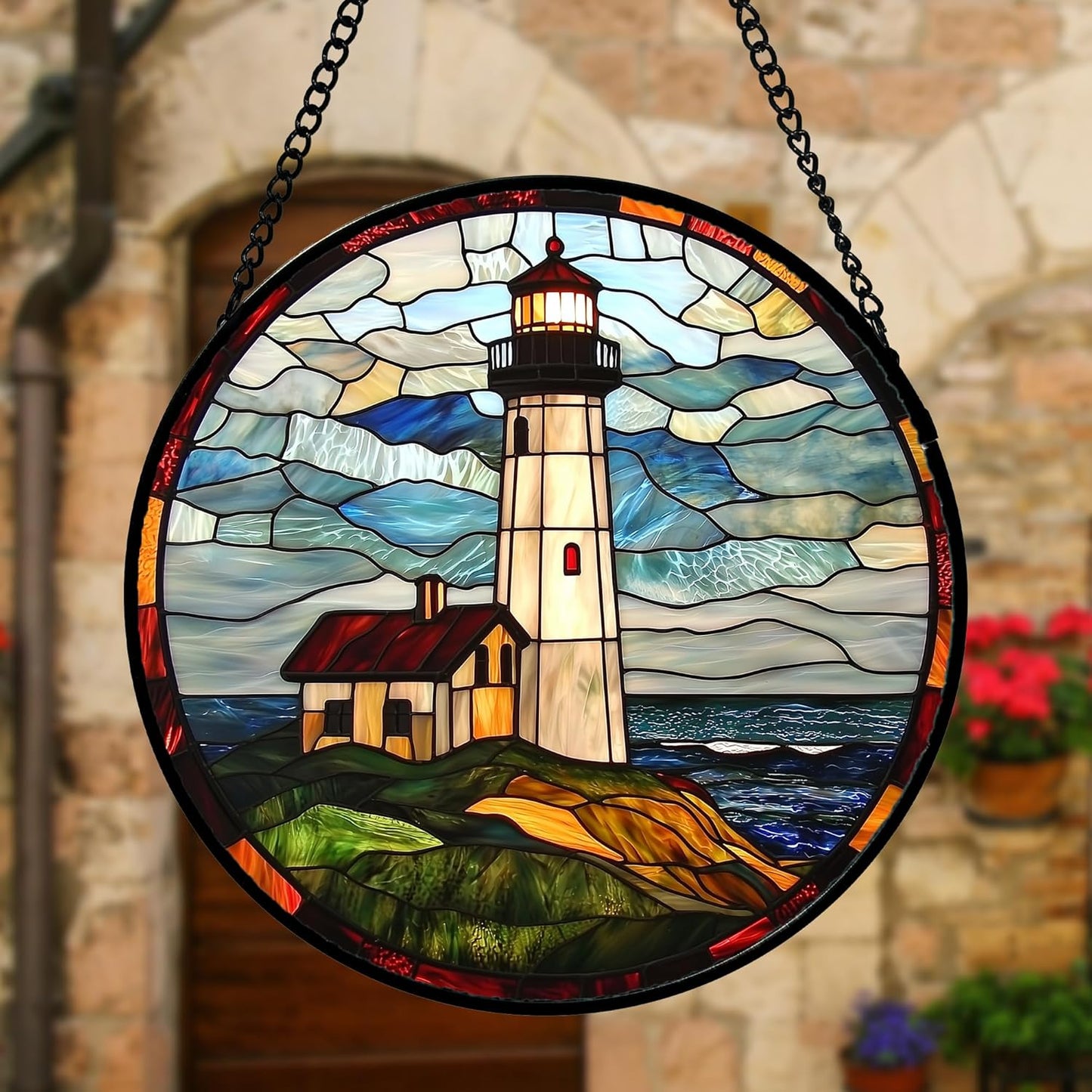 Stained Glass Window Hanging, Ocean Lighthouse Sun Catchers Glass Panel Blue Green Suncatcher Decor for Birthday for Women, Men, Wife, Aunt, and Mom 6.3 in