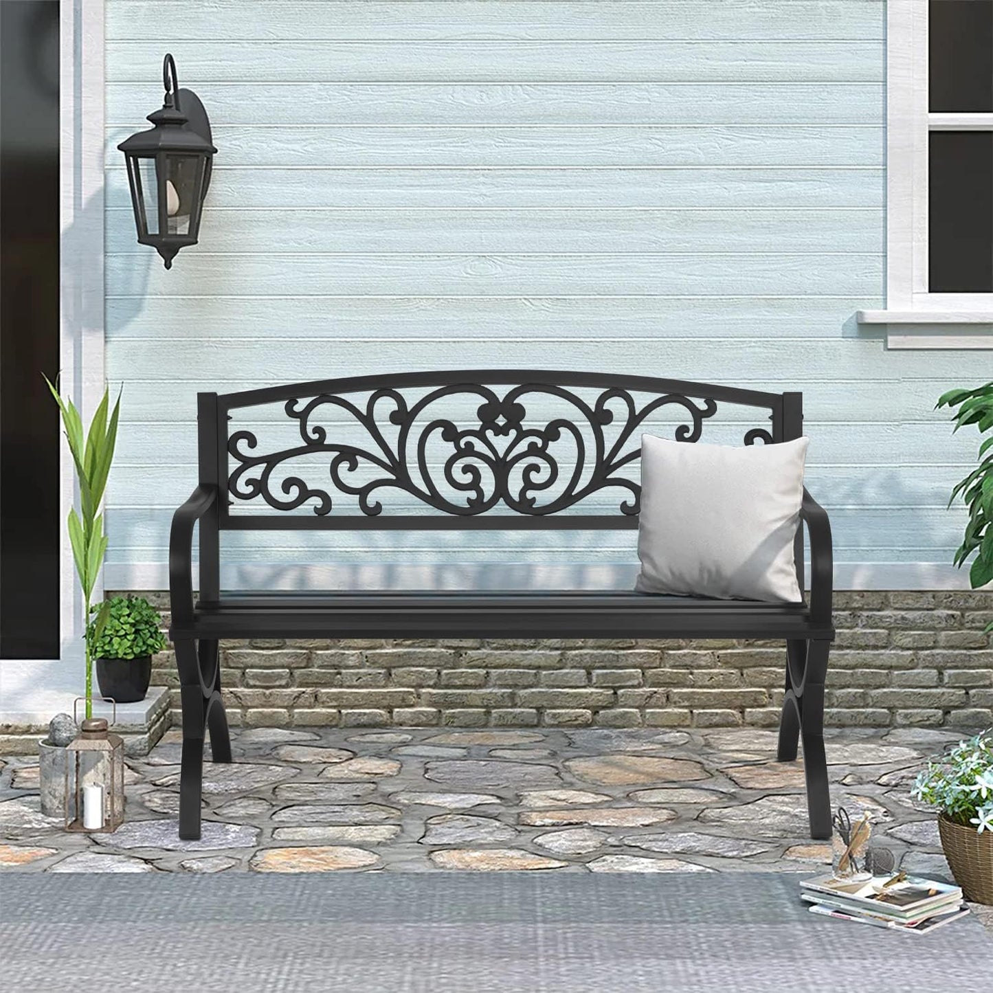 FDW Patio Garden Bench 50 inch Outdoor Metal Loveseat Chairs with Armrests Slatted Seat and w/Floral Design Backrest for Park, Yard, Porch, Lawn, Balcony, Backyard, Black