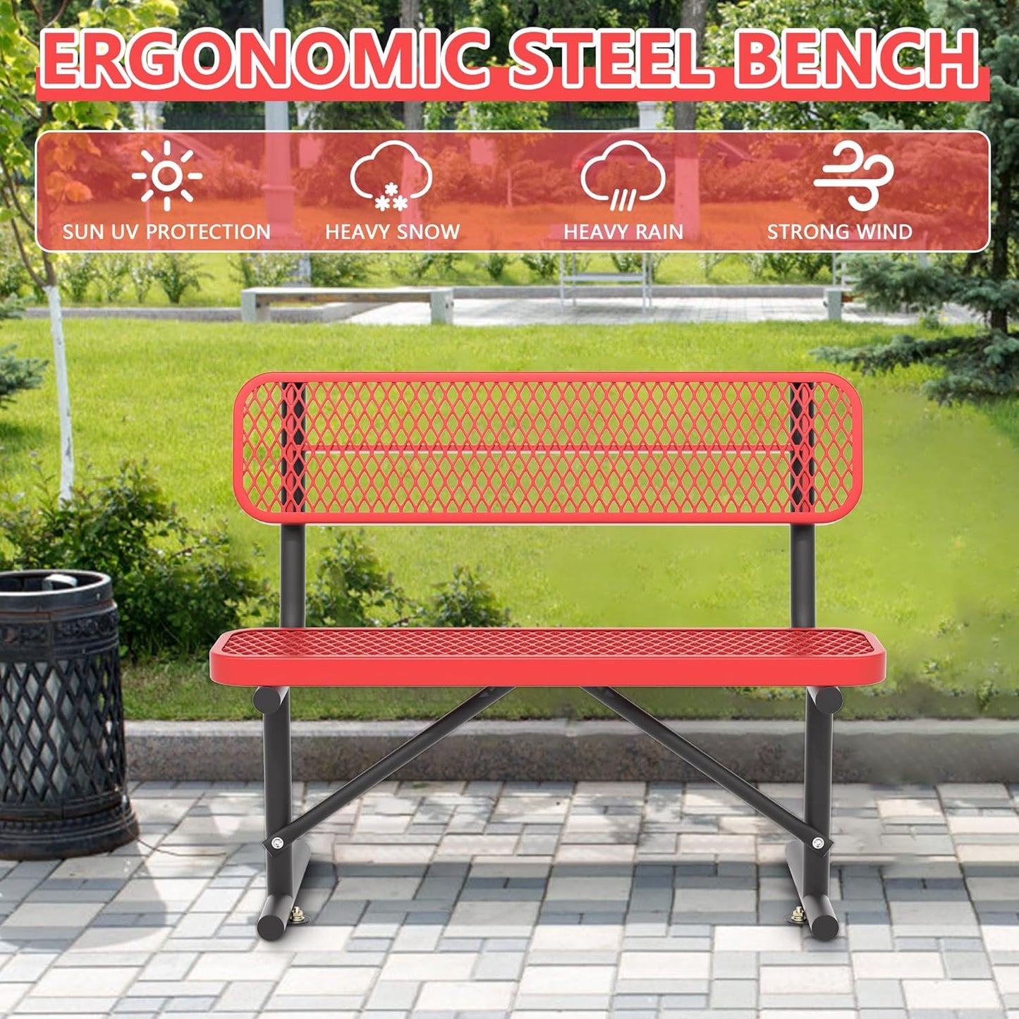 4FT Park Bench for Outside, Heavy-Duty Garden Bench W/ Back, Red Outdoor Metal Bench for Sitting Area, Commercial Bench for School Patio Porch Backyard Sports Church Locker Room Shopping Centers