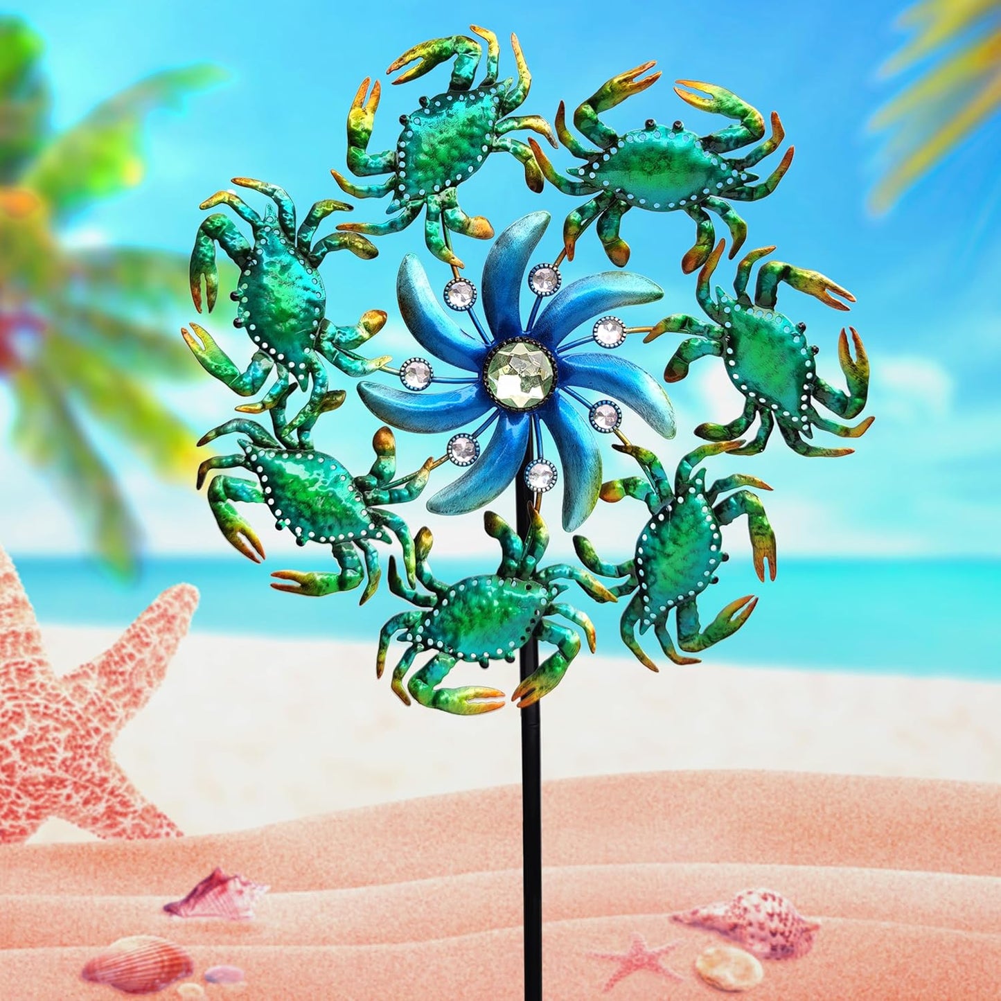 39" Crab Wind Spinners Metal Windmill Garden Stake,Ocean Theme Outdoor Wind Spinner,Wind Sculptures Yard Art Decorations for Patio,Lawn & Garden Decor