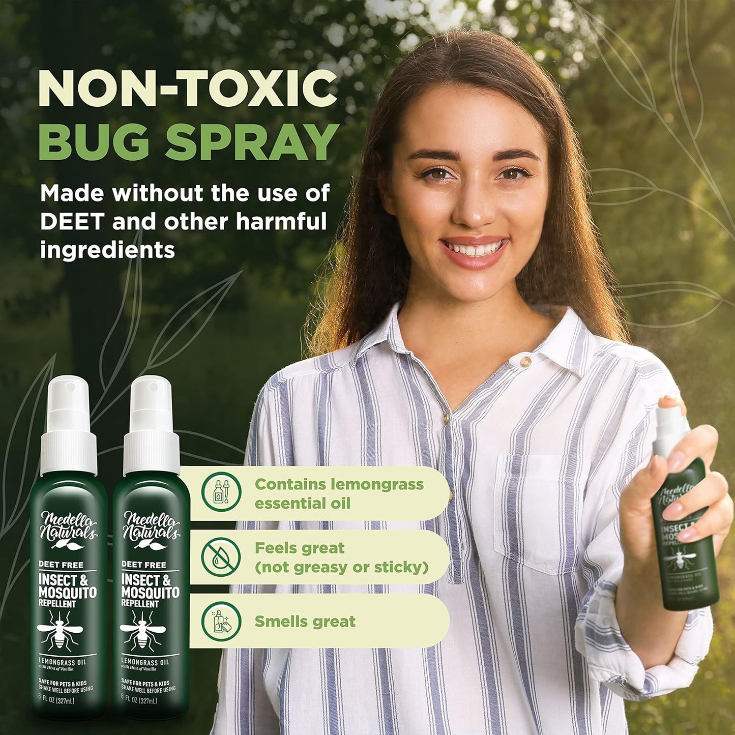 Deet-Free Insect & Mosquito Repellent Pack of 2 (8 oz) – Nice Smelling Insect Repellent with Lemongrass Oil Safe for Pets and Kids – Bug Spray for Mosquitoes, Gnats, Black Flies, and No-See-ums