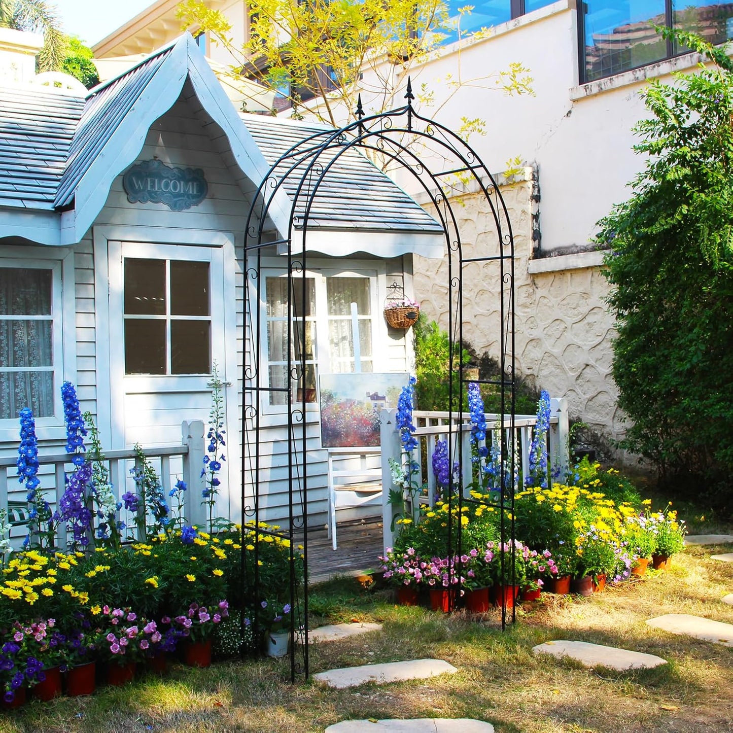 Garden Arbor Arch 98.4" H x 46.5" W, Heavy Duty Iron Archway Decorative Structure Stand Trellis for Climbing Rose Vines Plant Wedding Ceremony Party Outdoor Decor Black
