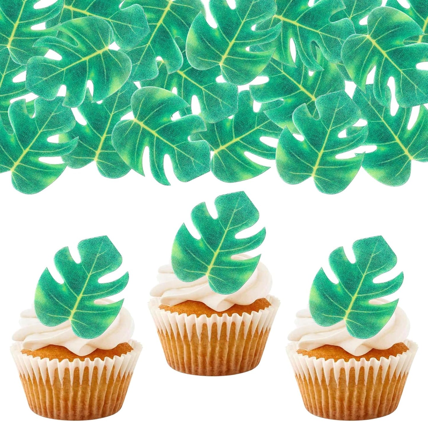 48 PCS Edible Tropical Turtle Leaves Cupcake Toppers Edible Wafer Paper Leaf Cupcake Picks Palm Leaves Cake Decorations For Hawaii Theme Baby Shower Birthday Jungle Party Cake Decoration Supplies