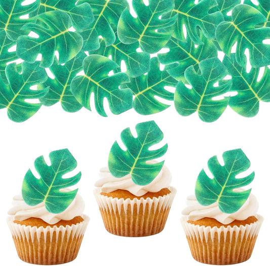 48 PCS Edible Tropical Turtle Leaves Cupcake Toppers Edible Wafer Paper Leaf Cupcake Picks Palm Leaves Cake Decorations For Hawaii Theme Baby Shower Birthday Jungle Party Cake Decoration Supplies