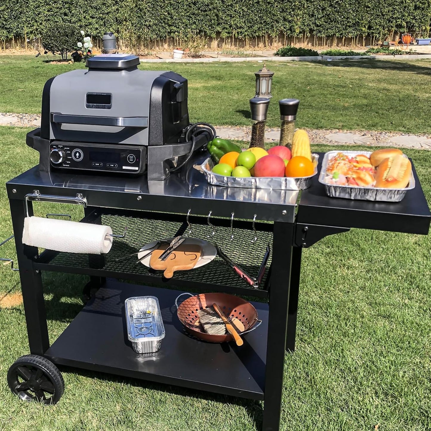 Outdoor Kitchen Island, Grill Table Cart with Drawer, Pizza Oven Stand, Movable 3-Shelf Prep Table with Side Table for Ninja Woodfire, Ooni Pizza Oven, Blackstone Griddle, Cuisinart, Cooking Station