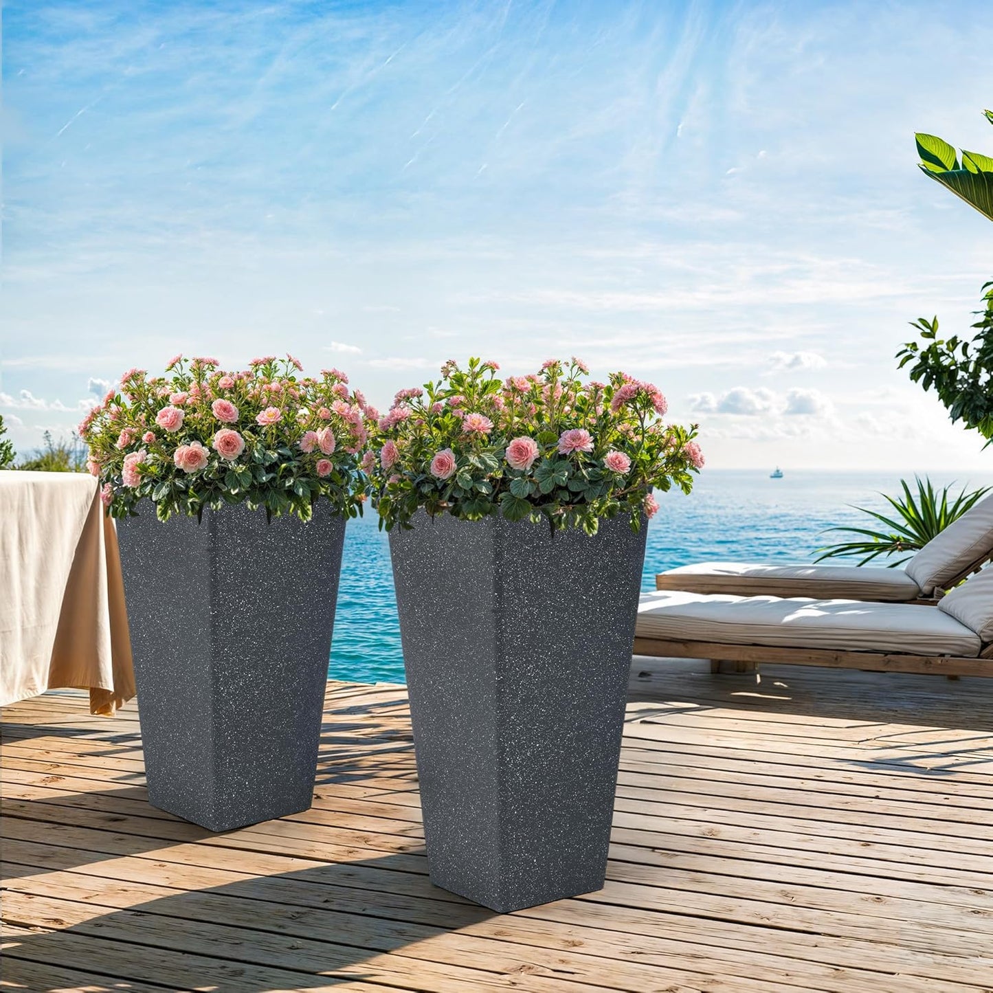 28" Large Tall Square Planters for Outdoor Plants, Set of 2 V-Shaped Planter Box with Black Terrazzo Look, Durable and Weather-Resistant, Ideal or Garden, Patio, Porch or Home use.