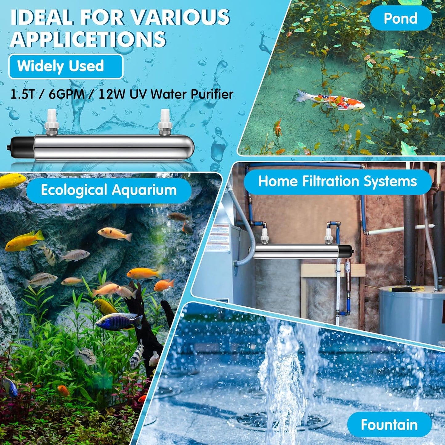 Qualirey 12W UV Lights for Ponds Aquarium Control Cold Plunge UV Light, Stainless Steel UV Filter Aquarium, Aquarium Clarifier Easy to Installation for Aquarium Indoor Outdoor Removal Algae Plant
