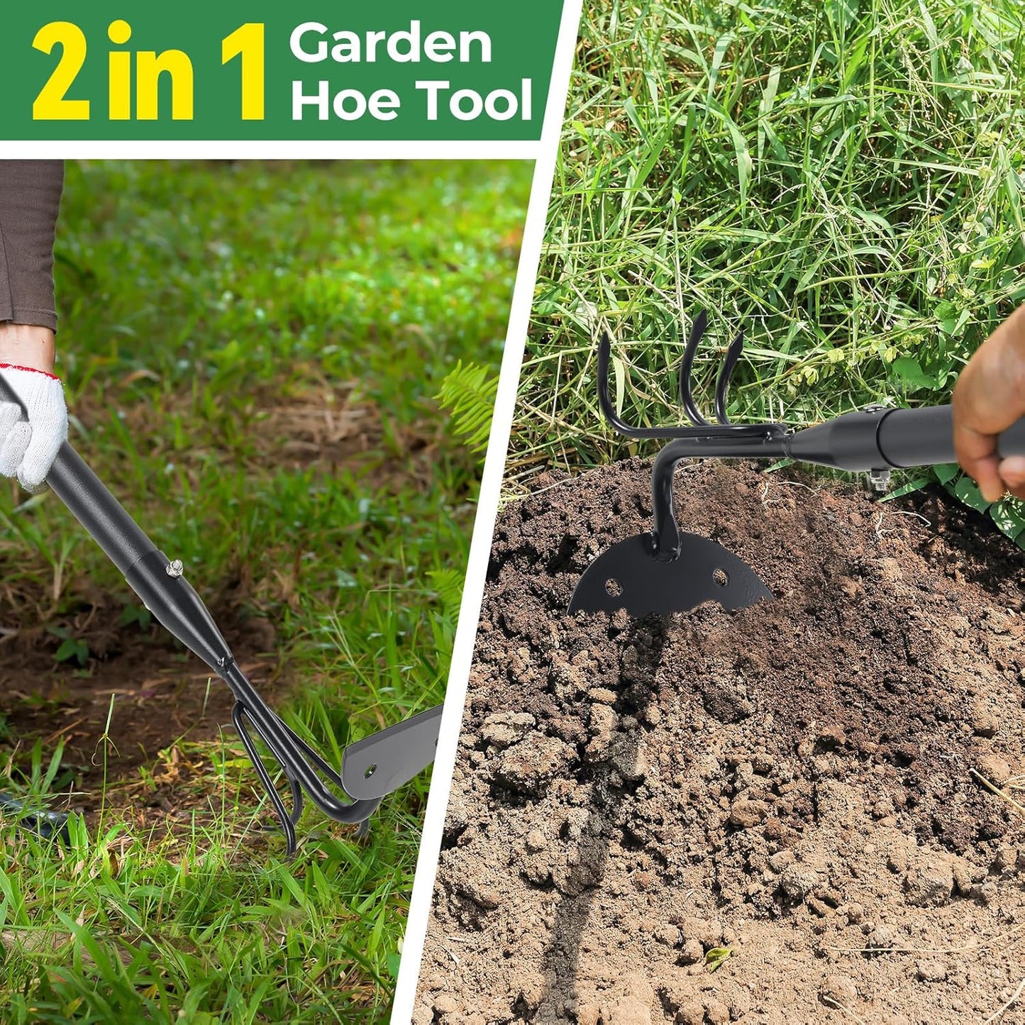 Garden Hoe 44 Inch Long Cultivator with Adjustable Long Handle - Heavy Duty Weeding & Soil Loosening Tool for Gardening, Lawn, and Yard Work