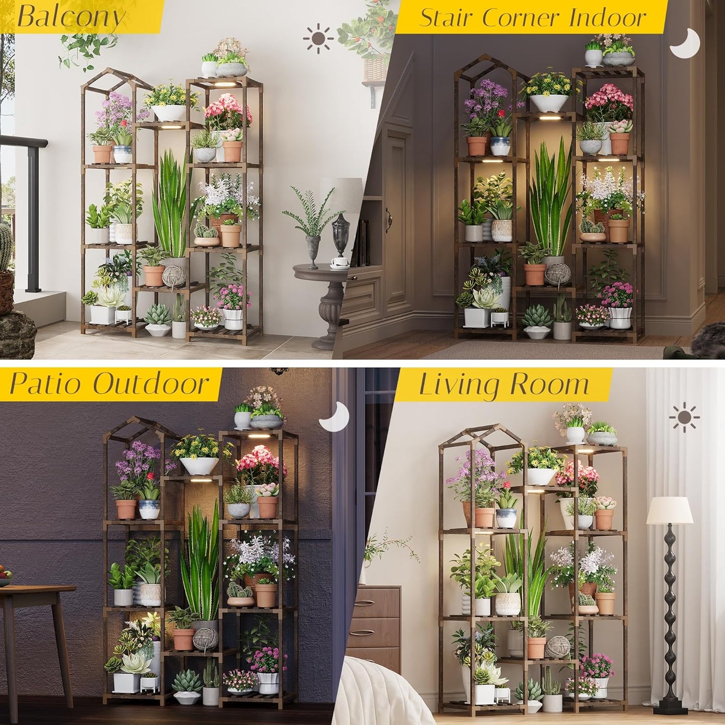 Wooden Plant Stand with Grow Light, 4-Tier Indoor Ladder Shelf with Roof Design, Carbonized Wood Rack for Balcony, Corner, or Living Room, Space-Saving Decorative Holder