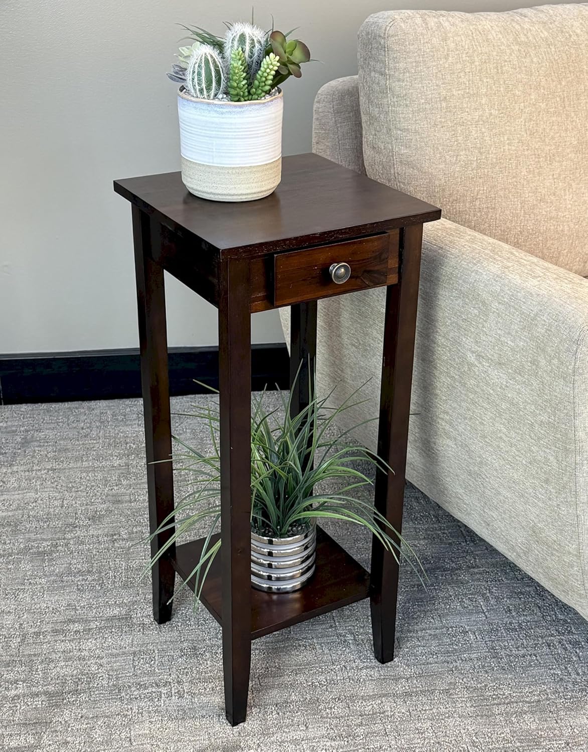 2-Tier Solid Acacia Plant Stand w/Drawer