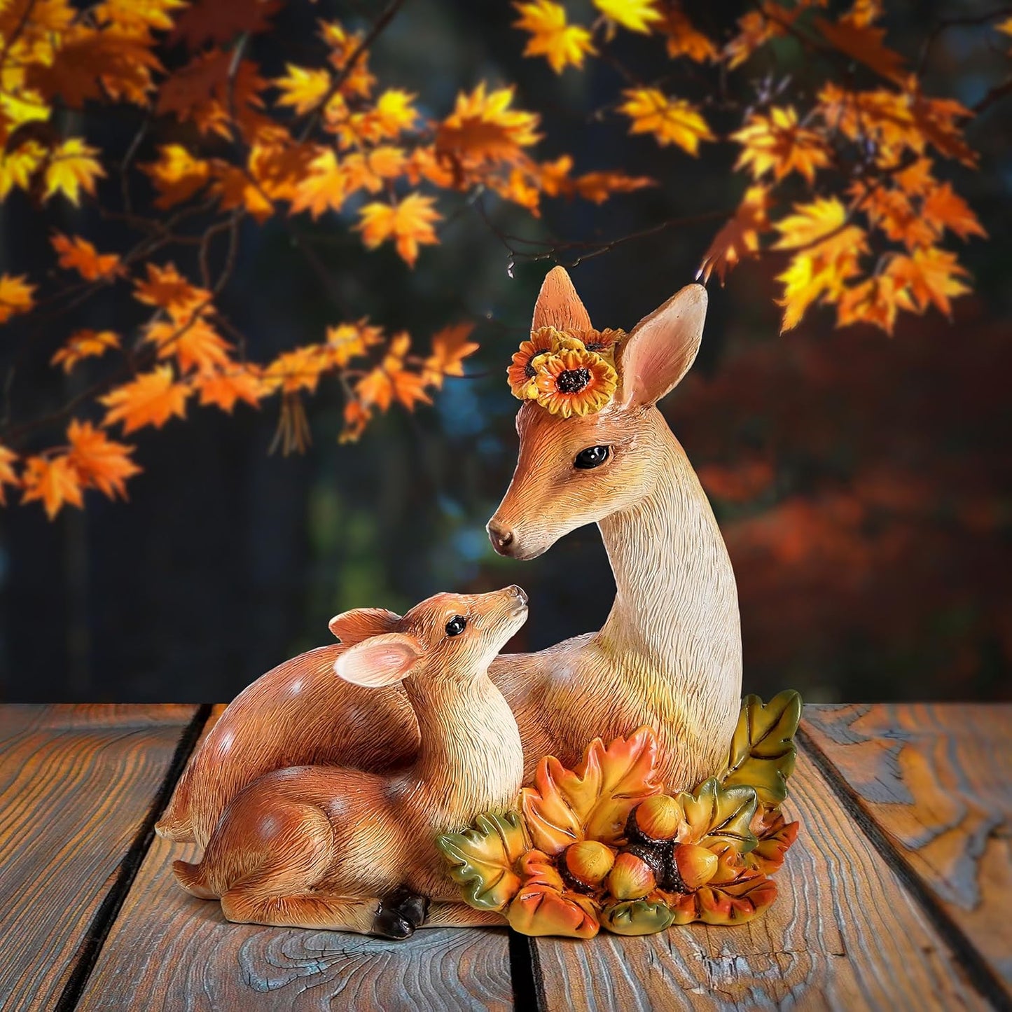 Garden Deer Statue Fall Animals Decor Resin Harvest Mother and Baby Deer Acorn with Maple Leaves Figurines Autumn Thanksgiving Indoor Outdoor Decorations Patio Yard Lawn Ornaments