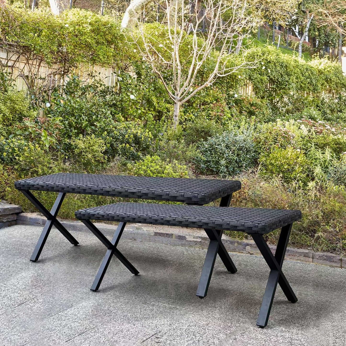 46" Patio Rattan Backless Bench Set of 2, All-Weather Outdoor Bench for Garden Backyard, Porch, or Lawn