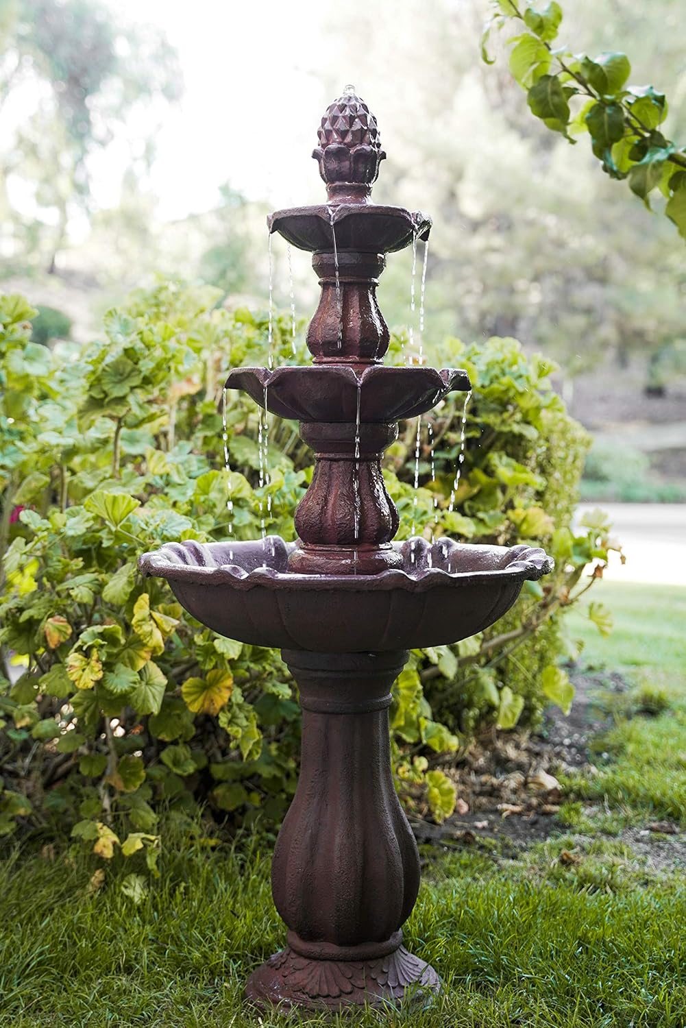XBrand 3-Tier Freestanding Waterfall Fountain w/Pump & Pineapple Top, 51 Inch Tall, Brown, Large Outdoor Garden Fountain, Ideal for Garden, Porch, and Lawn