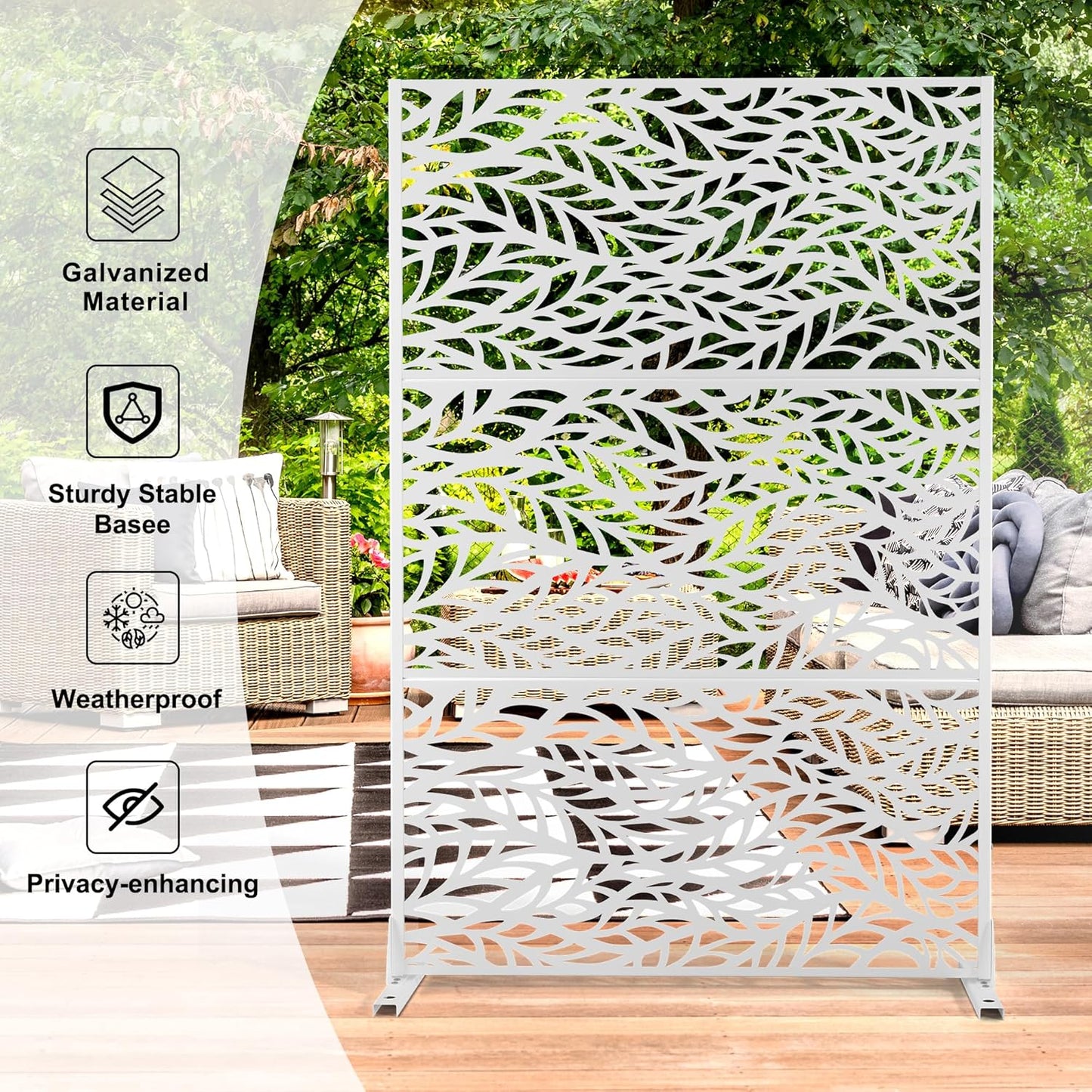 Metal Privacy Screen,72" H47 W,Freestanding Decorative Privacy Screen for Balcony Patio Lawn Garden,Privacy Fence Privacy Panel-White & Leaf