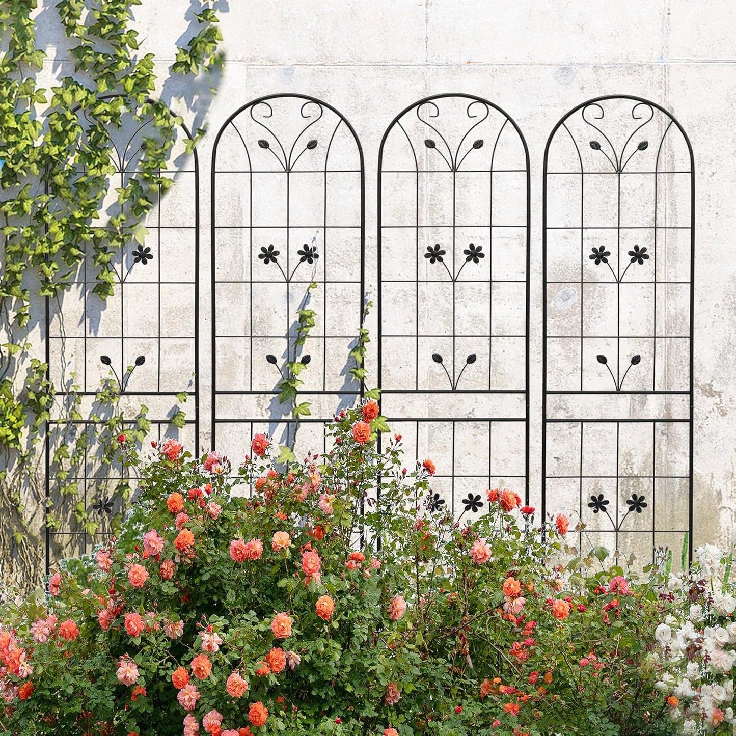 4 Pack Metal Garden Trellis 86.7" Tall Outdoor Climbing Plant Support for Roses, Flowers, Rustproof Durable Black Galvanized Tube, Lawn Garden Fence Decor Screen (4, Daisy-86.7" H)