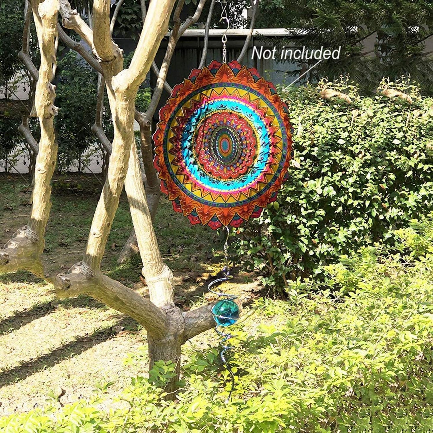 FONMY Gazing Ball Spiral Tail -Decorative Wind Spinner 11" inch Tail and 2" inch Glass Orb. Indoor Outdoor Garden Decoration Silver Blue -13 inch Height