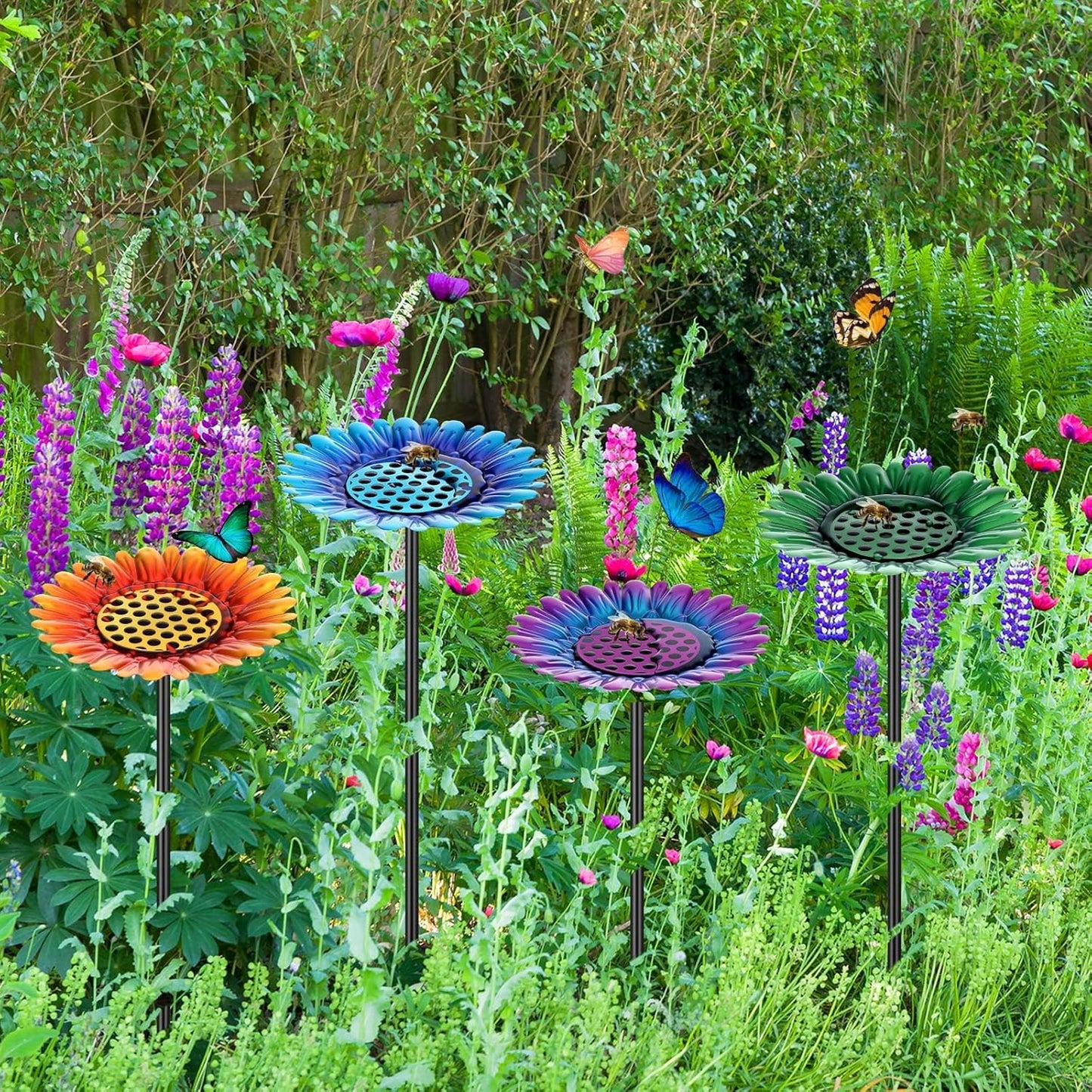 4 Pack Large Bee Watering Station 8.8'' for Bee Garden Anti Drowning Metal Pollinator Water Feeder Flower Butterfly Bath Bowl Colorful Bird Gardening Decoration, Rust Proof