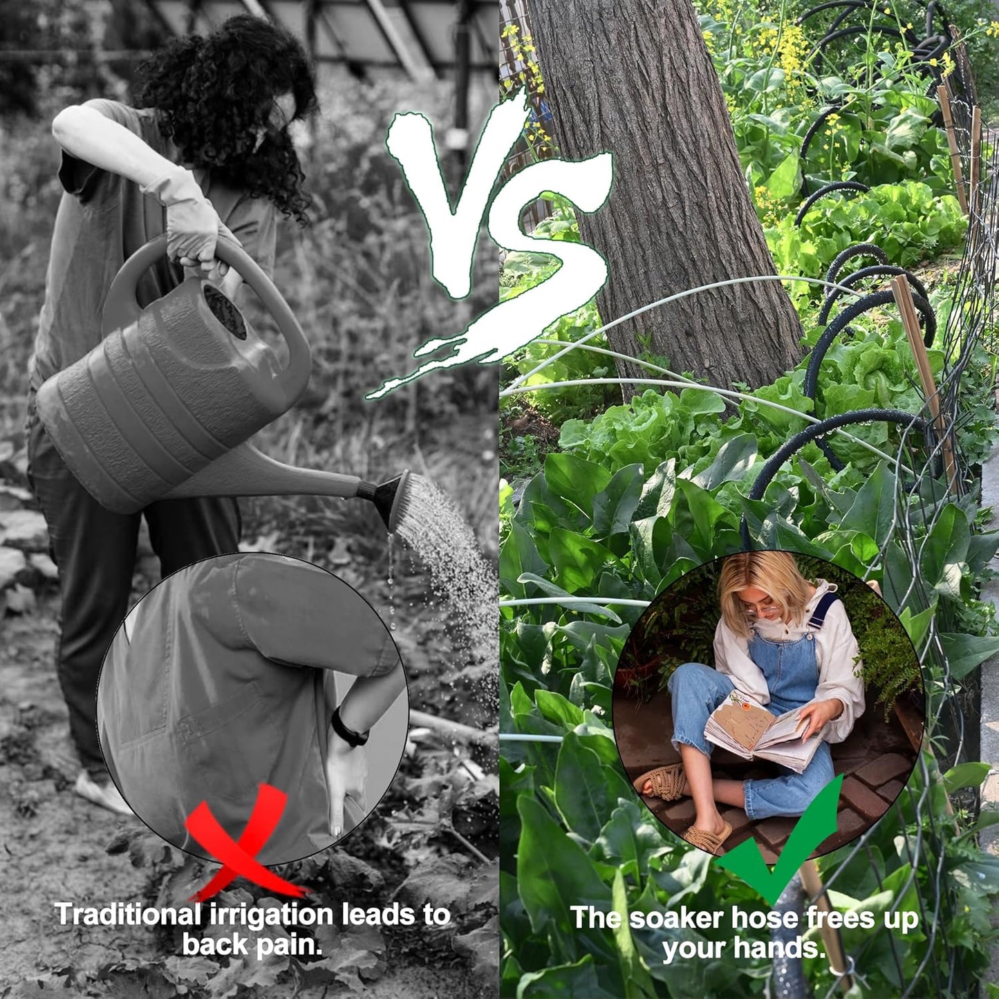 Customizable Soaker Hose System, 1/2inch 75ft Rubber Hose with 50ft PVC Garden Hose, Drip Irrigation Watering Hose with Reinforced Fittings for Flowers Bed Foundation, Lawn, Vegetable, Tree