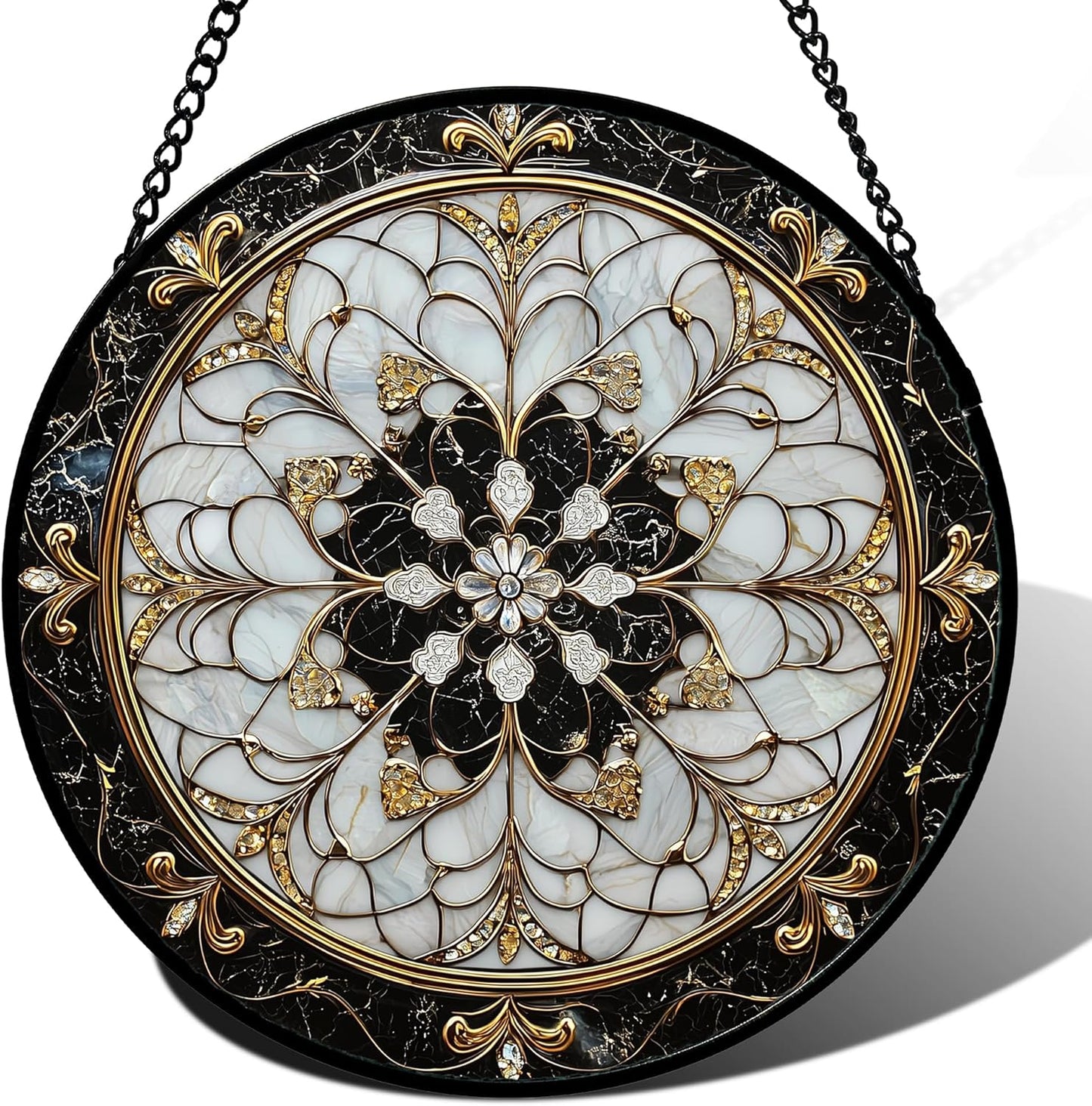 Stained Glass Window Hanging, Black and White Gold Boho Pattern Suncatcher for Doors Window Home Abstract Flower Sun Catchers Decor Mother's Day Birthday Gifts for Women, Men Mom 6.3 in