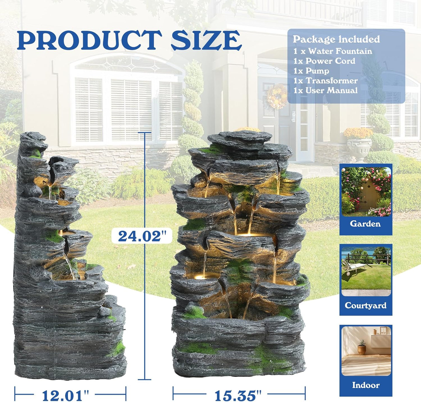 TITIMO 7-Tier Cascading Rock Water Fountain Outdoor Garden Waterfall with Lights,Fountain Indoor Decor for Garden, Patio, Backyard, Deck, Porch and Home Art Decor (24" H)