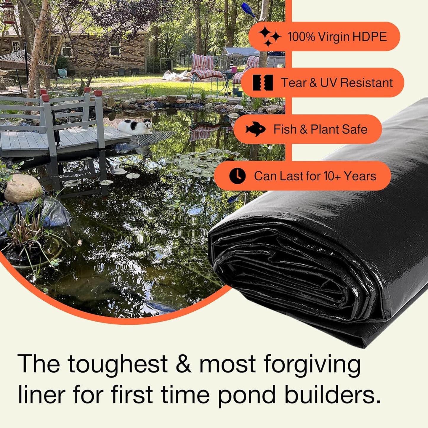 MaPorch HDPE Pond Liner - 20 ft x 30 ft, 20 Mil, Black - Tear-Resistant & UV-Resistant for Outdoor Waterfall - DIY Setup for Pond Fountain & Pool Liner - Fish & Plant Safe for Water Fountain