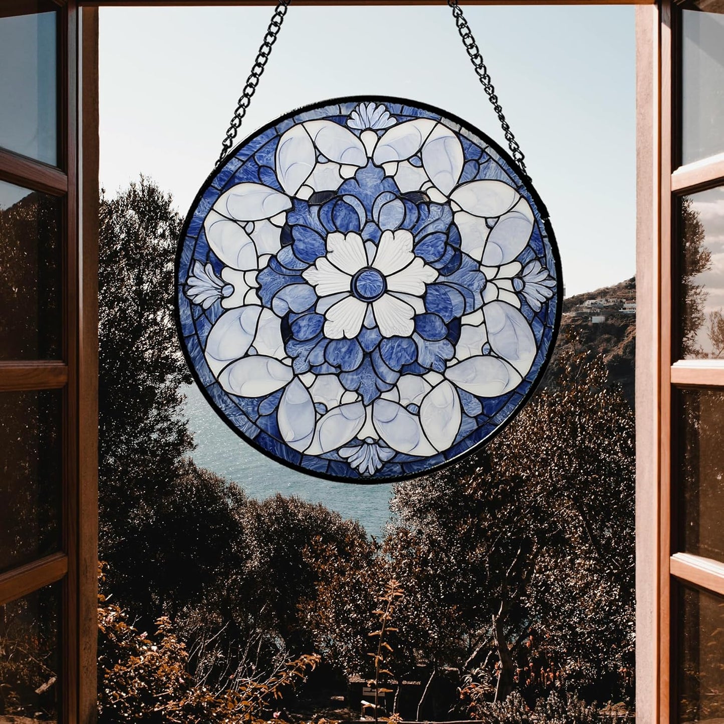 Stained Glass Window Hanging - Blue White Floral Pattern Suncatcher for Doors Garden Retro Sun Catchers Decor Christmas Mother's Day Birthday Gifts for Women Men Mom Nana Friend Girl 6.3 in