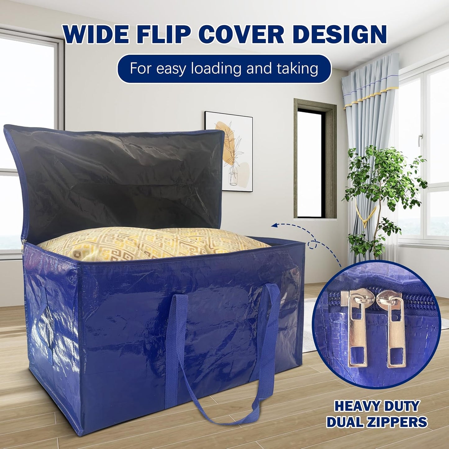 4 Pack Extra Heavy Duty Large Moving Bags with Strong Zipper & Carrying Handles, Sturdy Clothes Storage Bag Totes Bins, Packing Bags Moving Boxes College Moving Supplies, Dark Blue - 33 gal