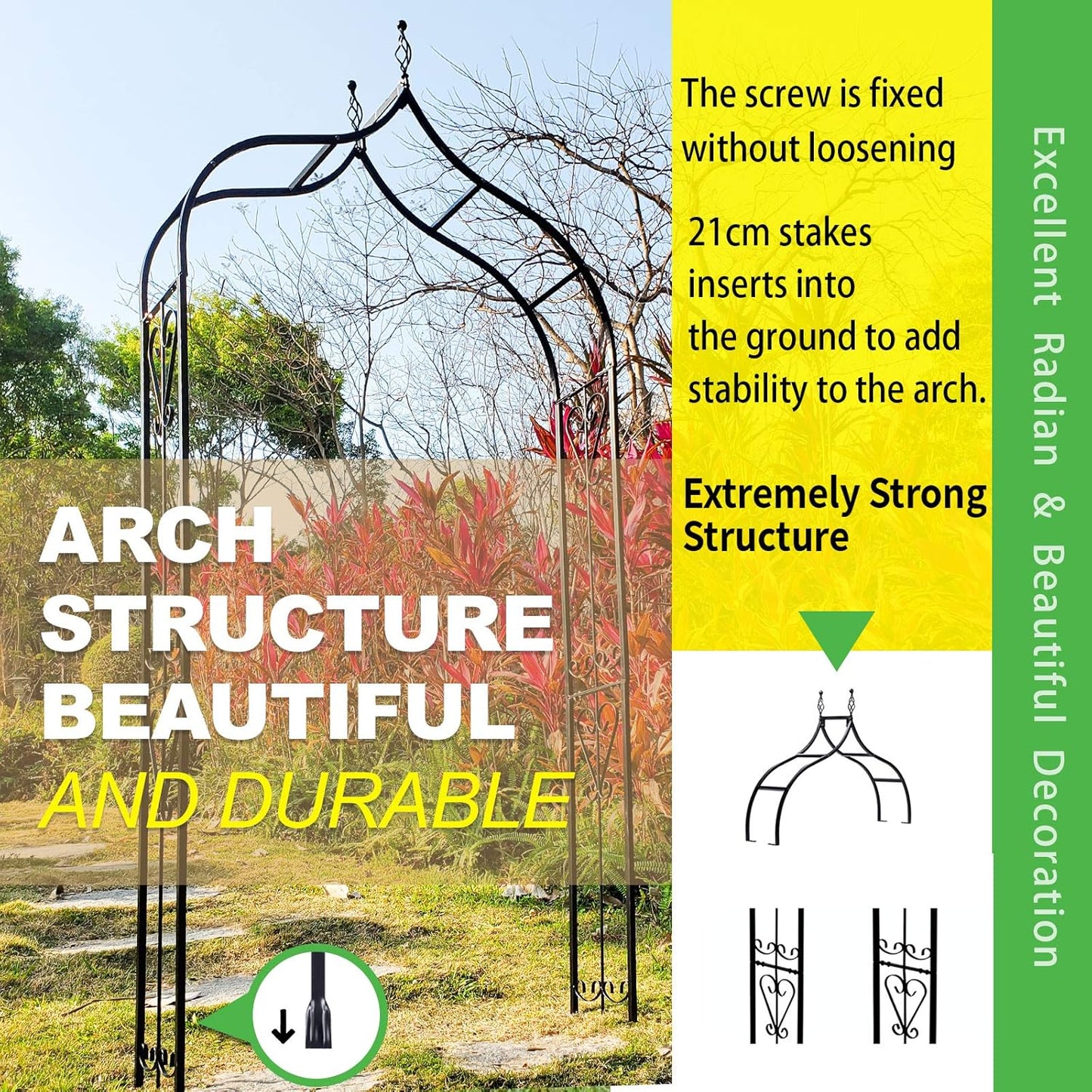 Garden Arch Trellis 14.2" L x 46.5" W x 98.4" H, Black Iron Arbor, Courtyard Arbor Trellis for Various Climbing Plants Rose, Outdoor Archway Wedding Ceremony Party