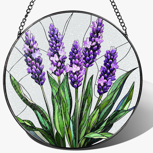 Stained Glass Window Hanging, 8 Inch Lavender Stained Glass Suncatcher, Flower Sun Catcher, Window Hanging Decor, Flower Lovers Gift for Her, Housewarming Gift, Gifts for Lover, Bestie and Couple