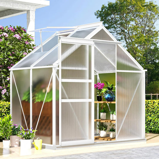 DWVO 6x4FT Polycarbonate Greenhouse Heavy Duty Green Houses Outdoor Aluminum Greenhouses with Sliding Doors Vent Window Premium Walk-in Greenhouse Large Sun House for Garden Backyard, Silver