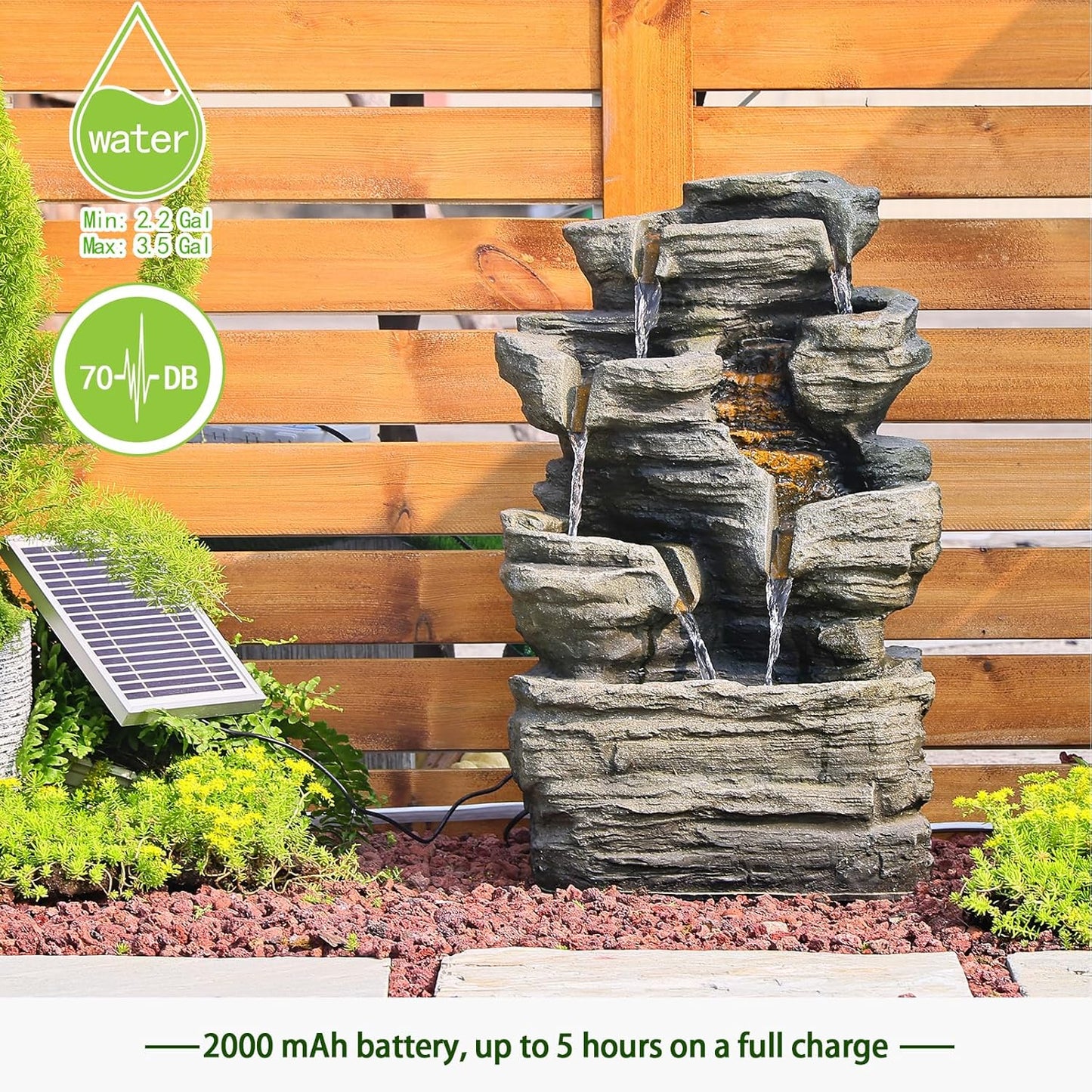 6 Tier Cascading Rock Solar Water Fountain Outdoor Garden Waterfall Decor for Garden, Patio, Backyard, Deck, Porch and Home Art Decor,24.4" H Outdoor Fountain with LED Lights