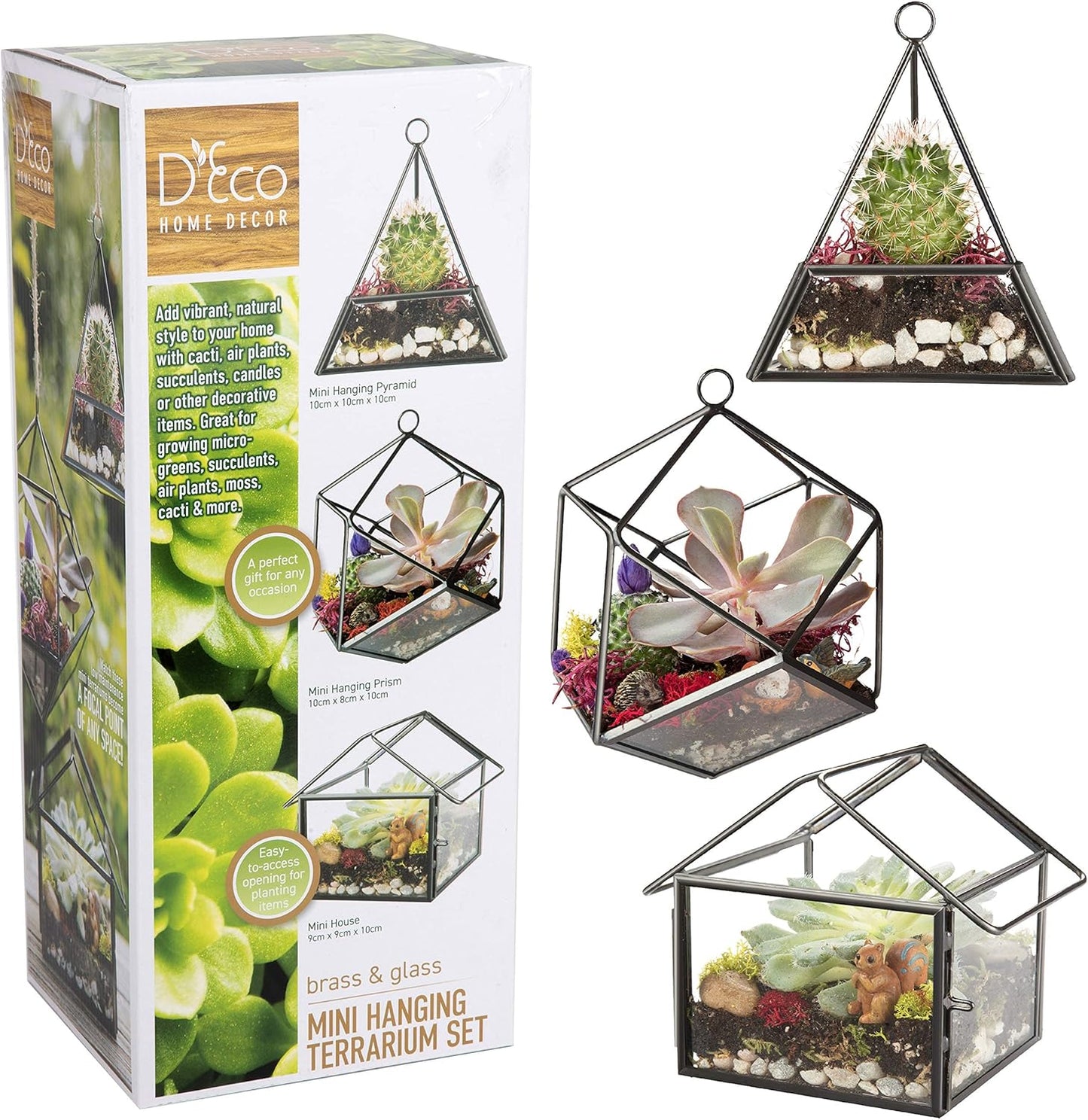 D'Eco Glass Geometric Plant Terrarium 3Pk - Hanging Brass Triangle, House & Prism Planters - Succulents, Air Plants, Moss - Summer Home, Garden, Wedding & Office Botanical Decor- Gift for Plant Lovers