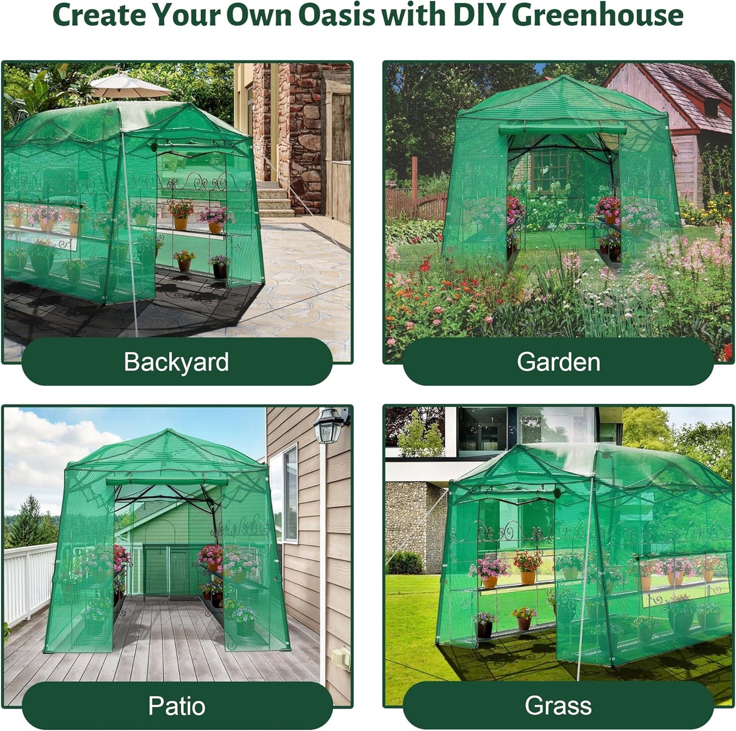 11 x 8.5 FT Walk-in Greenhouse, Portable Pop-up Green House 3 Adjustable Hights Heavy Duty Plant Gardening Canopy with Durable PE Cover for Indoor Outdoor (Clear and Green)