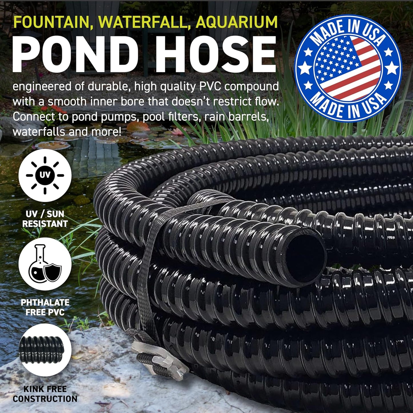 Sealproof 3/4" Dia Corrugated Pond Tubing 3/4-Inch ID, 20 FT Long, Black Kink Free Strong and Flexible Made in USA PVC Tubing