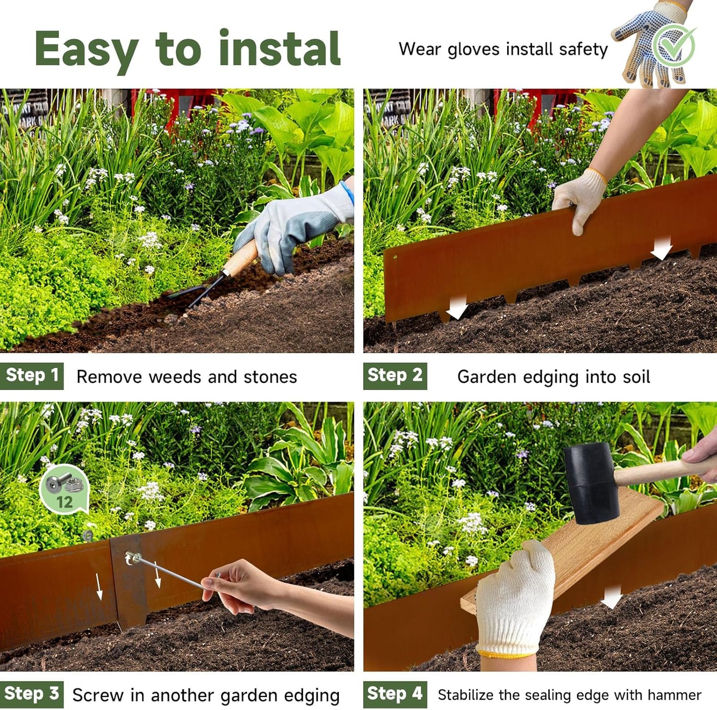 Corten Steel Landscape-40 LX 10" H Metal Garden Edging 20FT Total Rusted Lawn Edging 6 Pcs-No-Dig Hammer Heavy Duty Steel Edging-Bendable Border Strips for Lawn Yard Courtyard Pathway-6 Clips