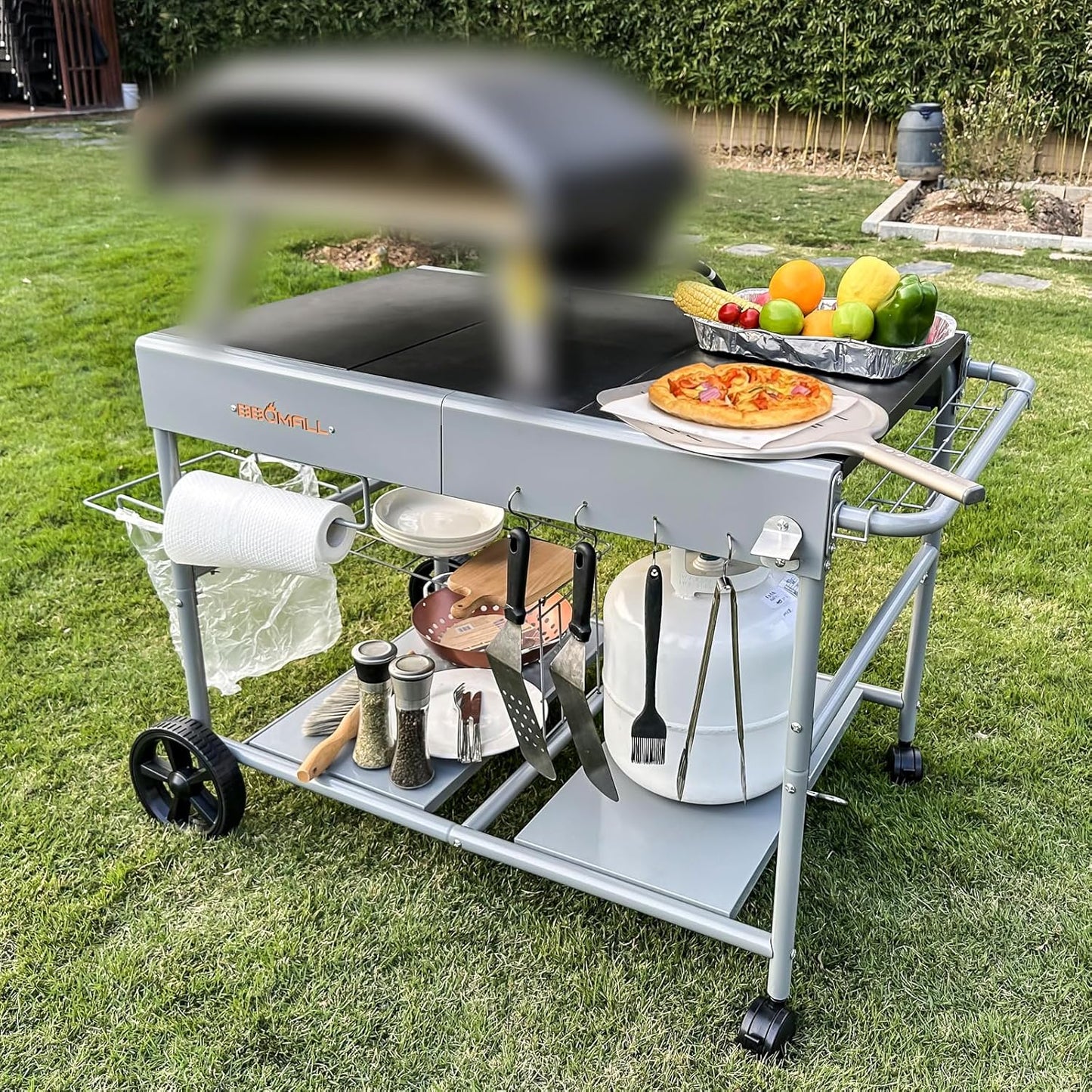 Upgraded Pizza Oven Cart Table for Ooni Koda/Karu/Fyra 16 & 12, Movable Thicken & Widen Rolling Kitchen Cart, Outdoor Grill Stand for Ninja Woodfire,Blackstone Griddle,Carts with Wheels