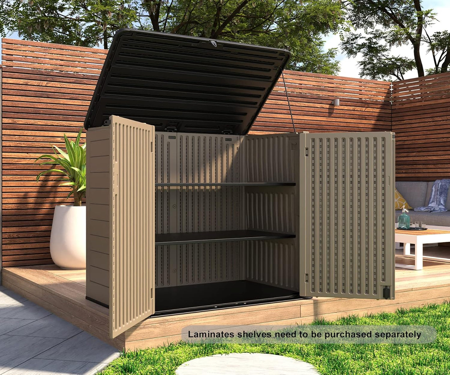 HOMSPARK Storage Shed Weather Resistance, Multi-Purpose Outdoor Storage Cabinet for Backyards and Patios, Horizontal Storage Shed for Lawnmower, Patio Accessories (Coffee, X Large - 48 cu.ft)