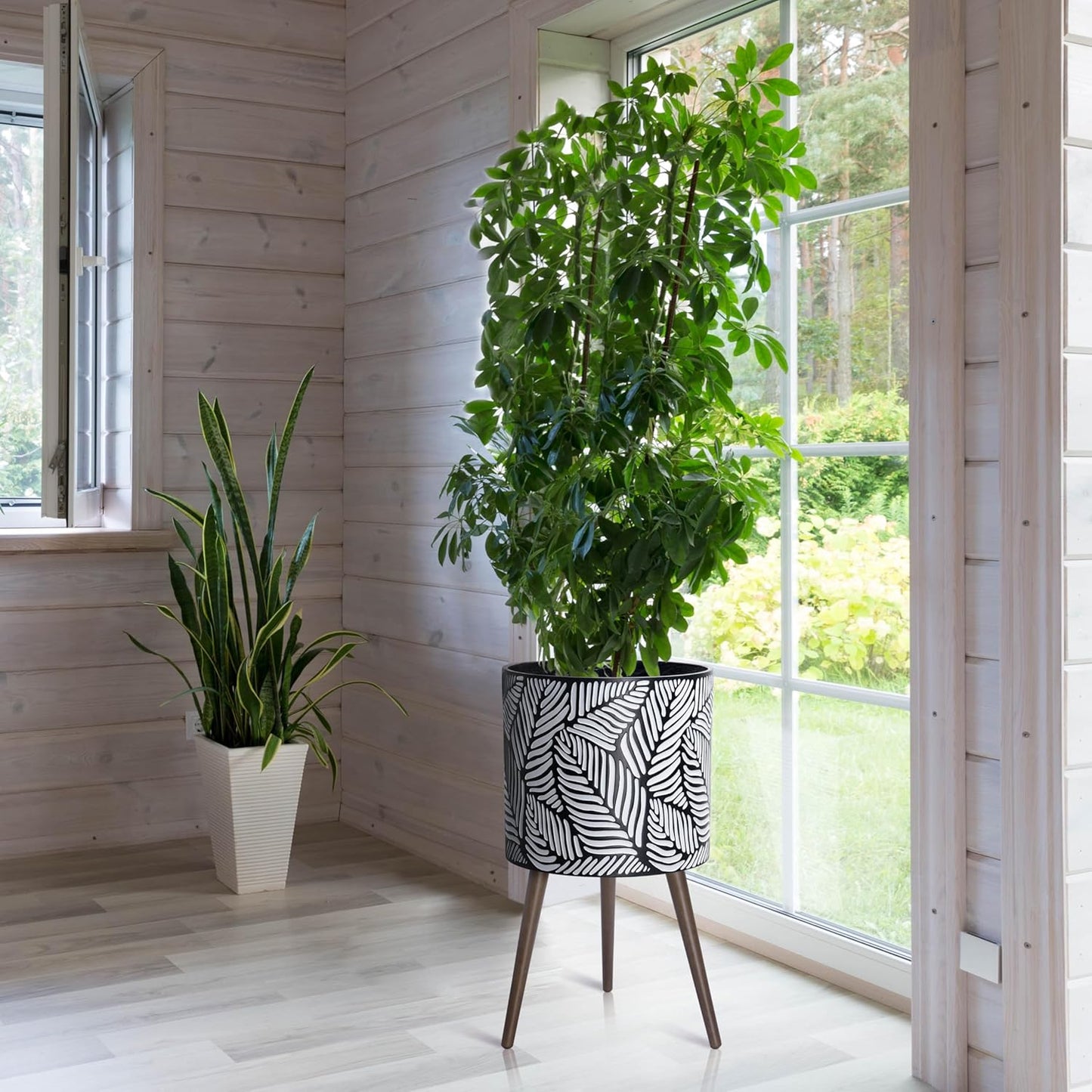 D'vine Dev 16 Inch Planter Pot with Stand, Mid-Century Tall Plant Pot with Legs for Indoor Plants, XX-Large, White/Grey, 88-L-E-7